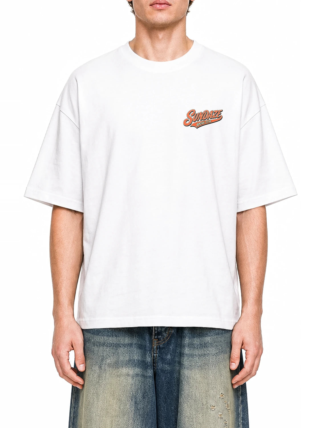 Sundaze Social Club White graphic T-shirt on model, front view