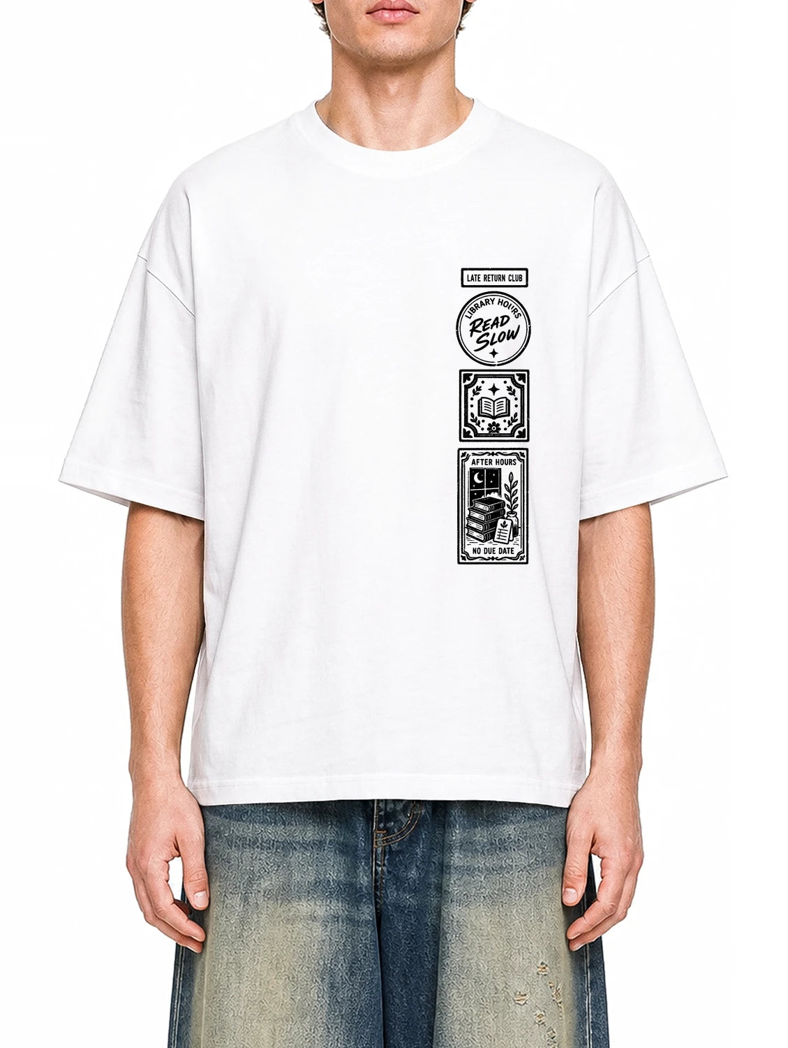 Late Return Club White graphic T-shirt on model, front view