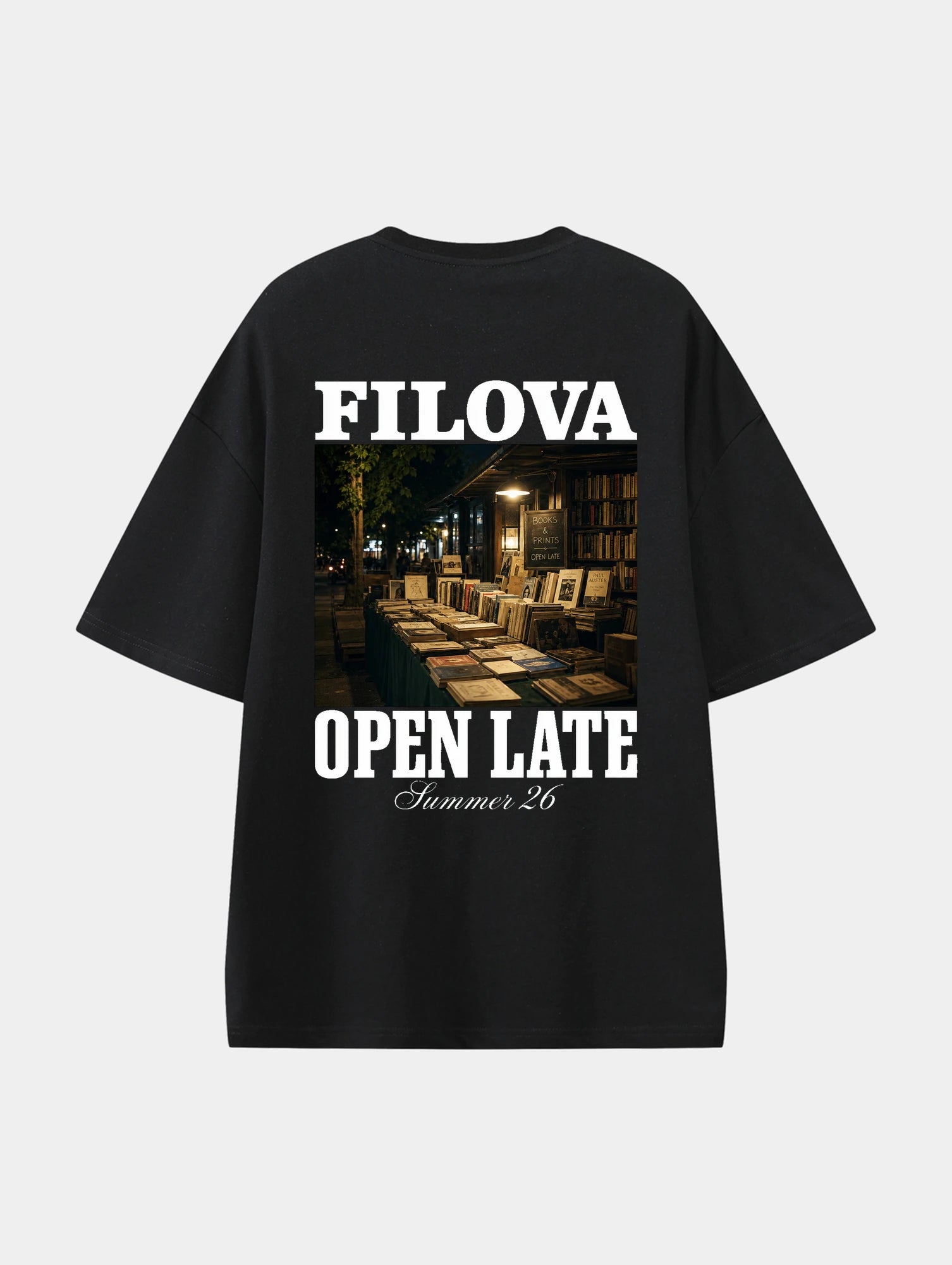Open Late Book Market Black graphic T-shirt, back view