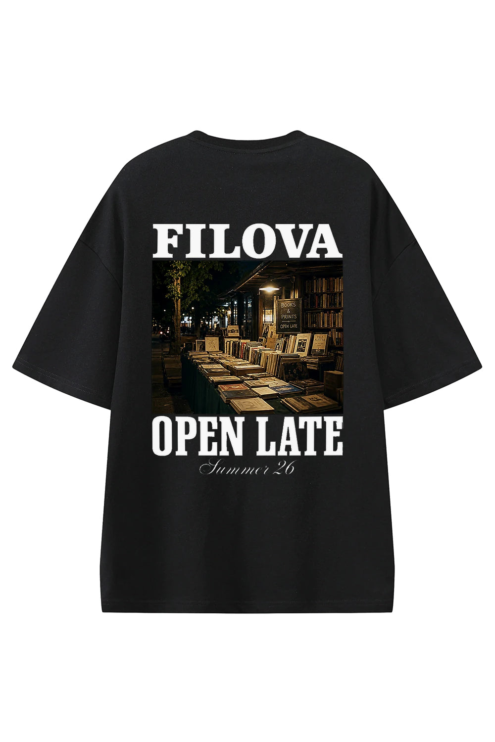 Open Late Book Market Black graphic T-shirt, back view