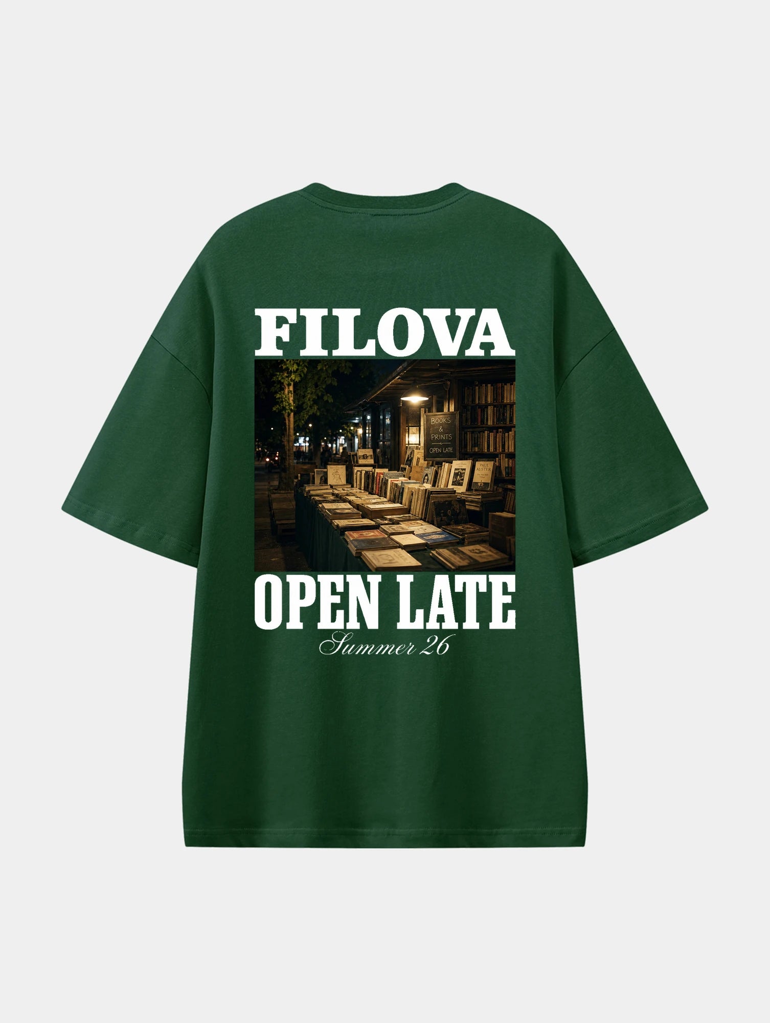Open Late Book Market Dark Green graphic T-shirt, back view