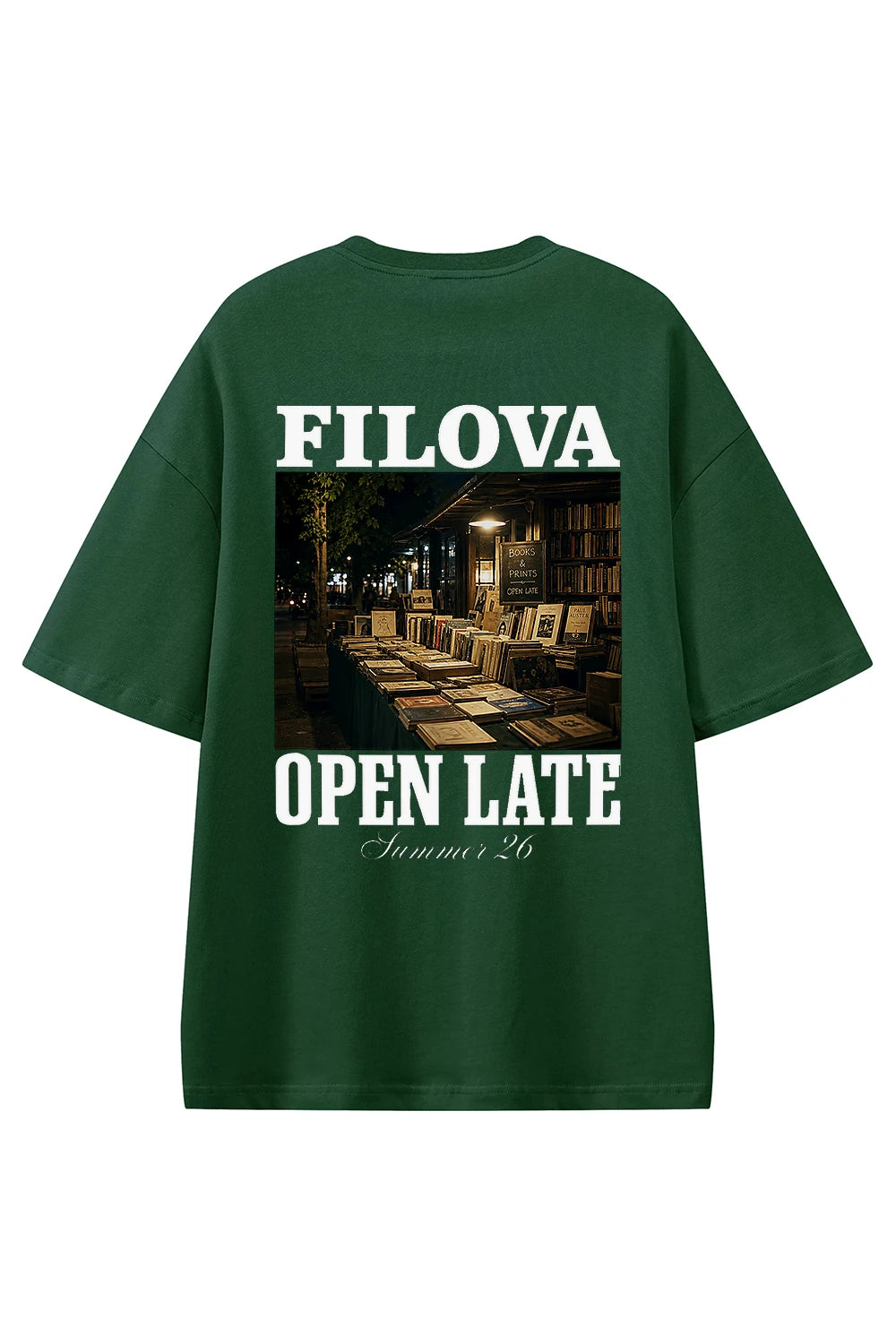 Open Late Book Market Dark Green graphic T-shirt, back view