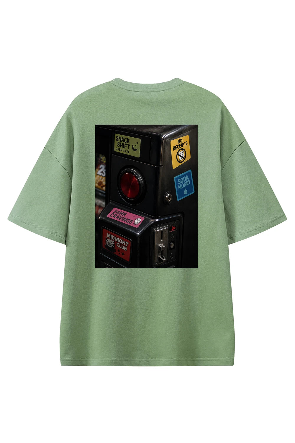 Midnight Snack Dept Light Green graphic T-shirt, back view
