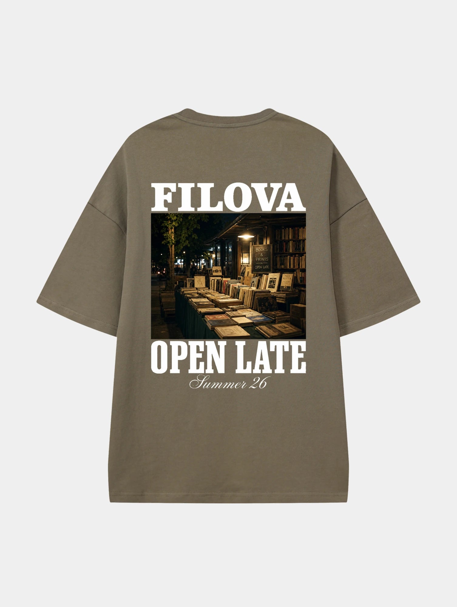 Open Late Book Market Moss Green graphic T-shirt, back view