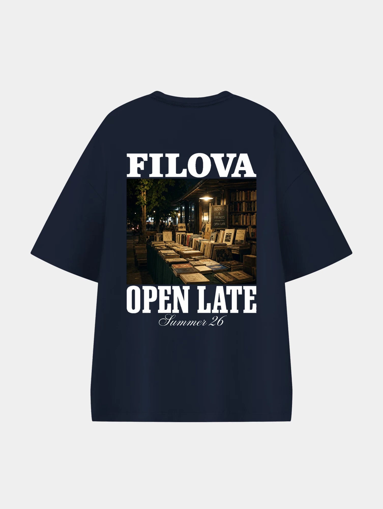 Open Late Book Market Navy Blue graphic T-shirt, back view