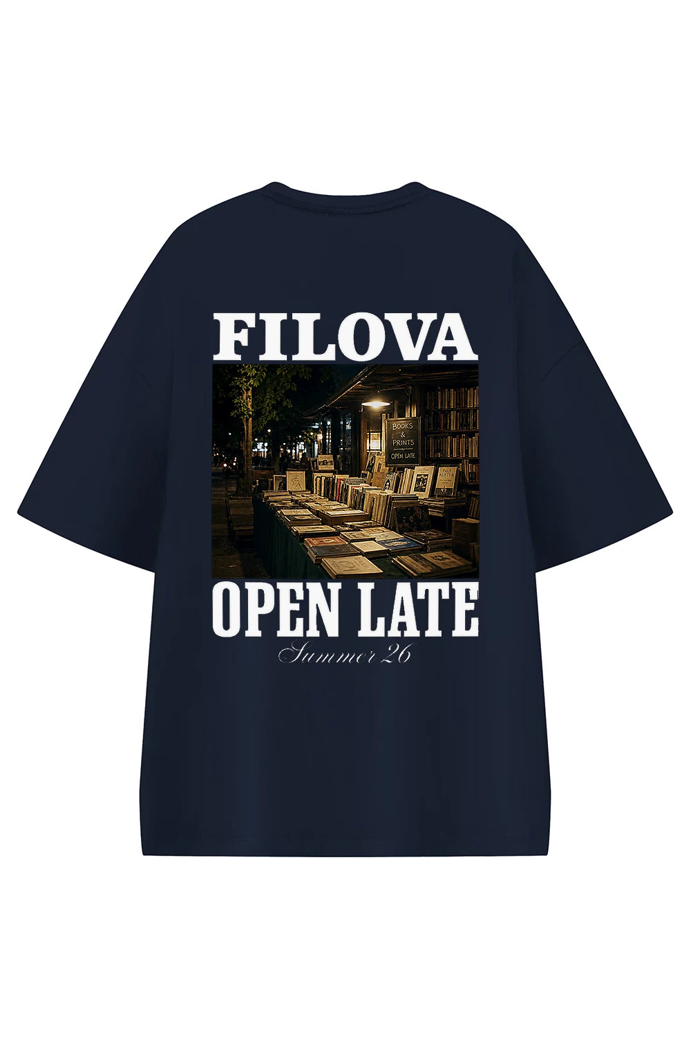 Open Late Book Market Navy Blue graphic T-shirt, back view