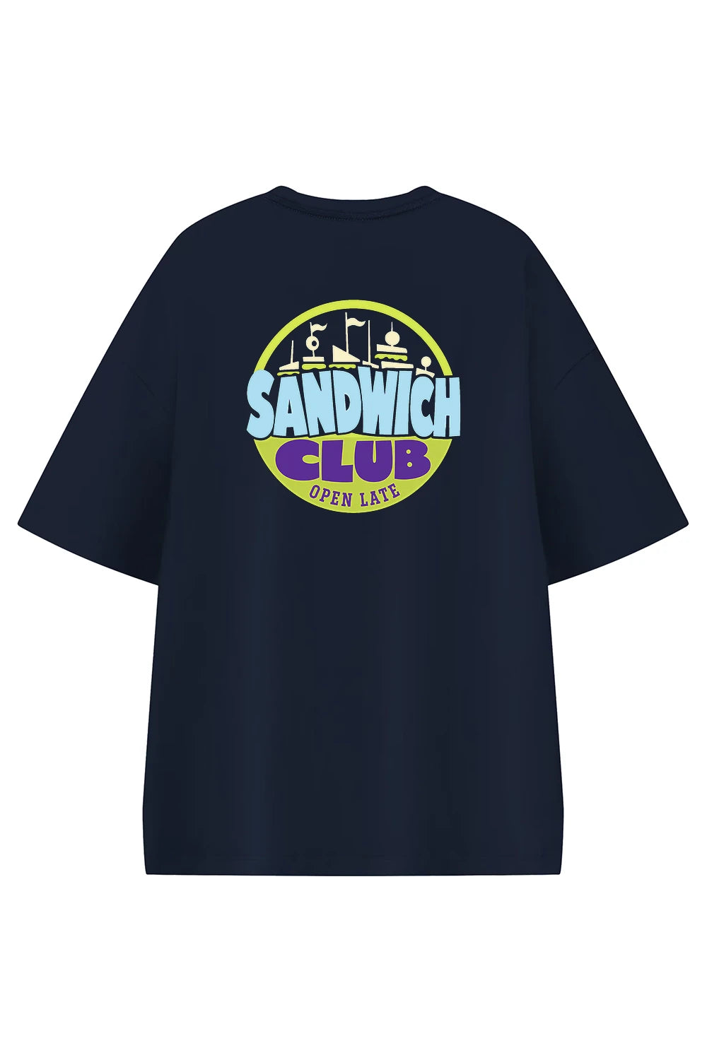 After Hours Sandwich Club Navy Blue graphic T-shirt, back view