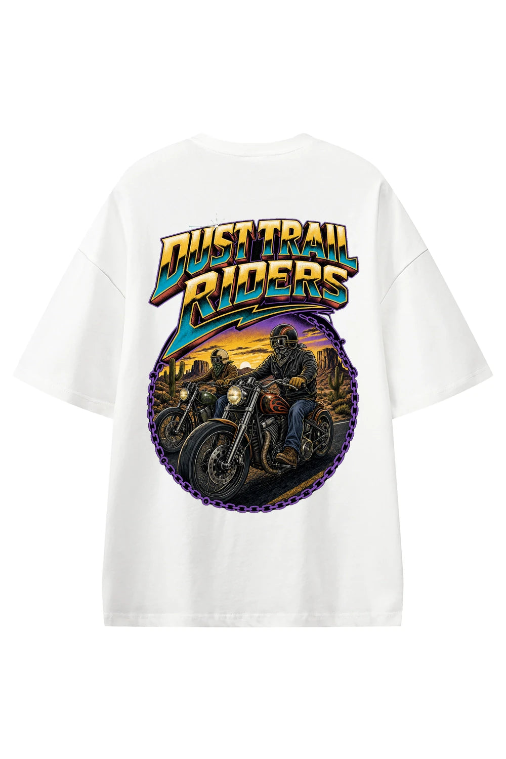 Dust Trail Riders White graphic T-shirt, back view