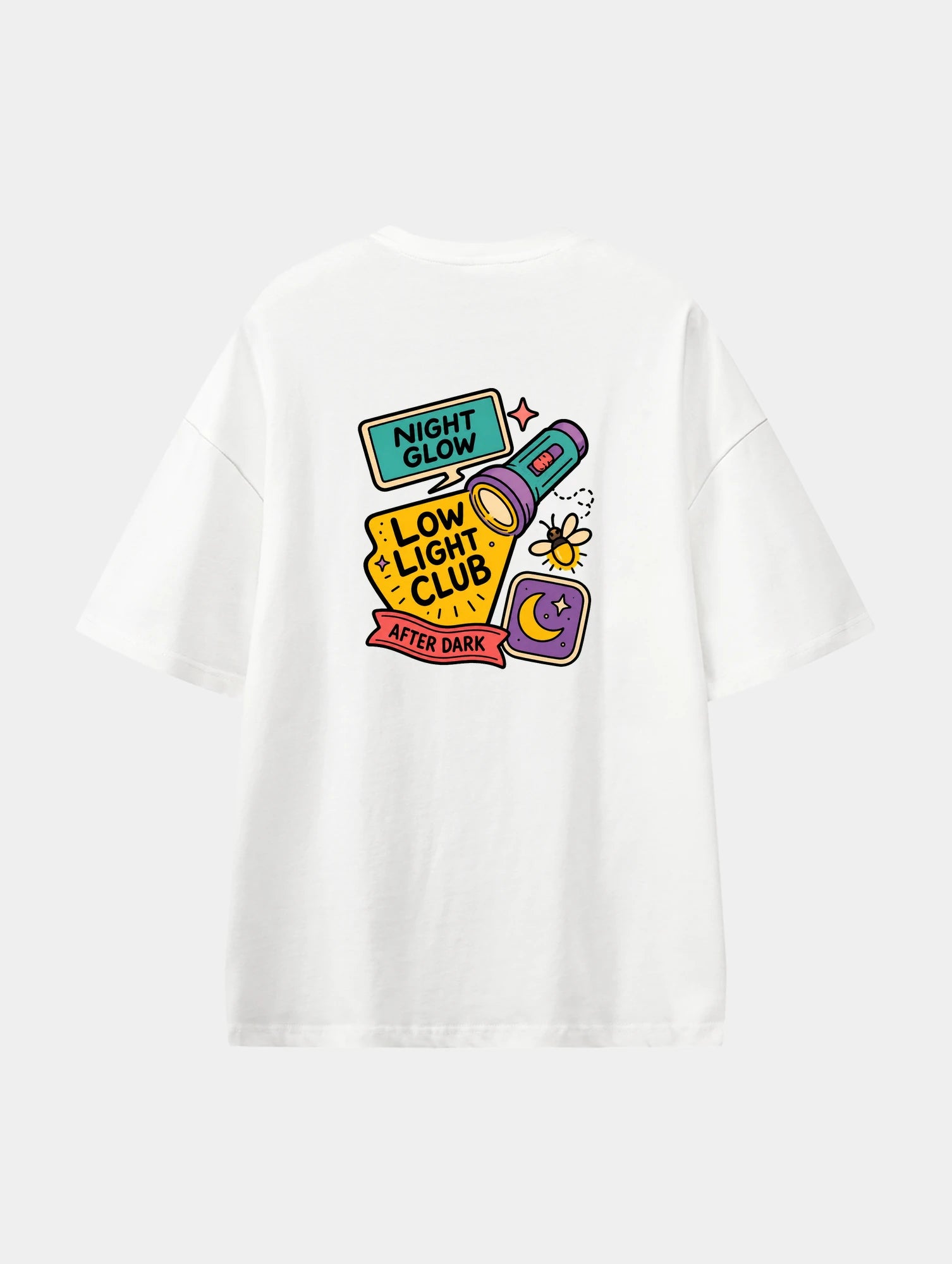 Night Glow Club White graphic T-shirt, back view