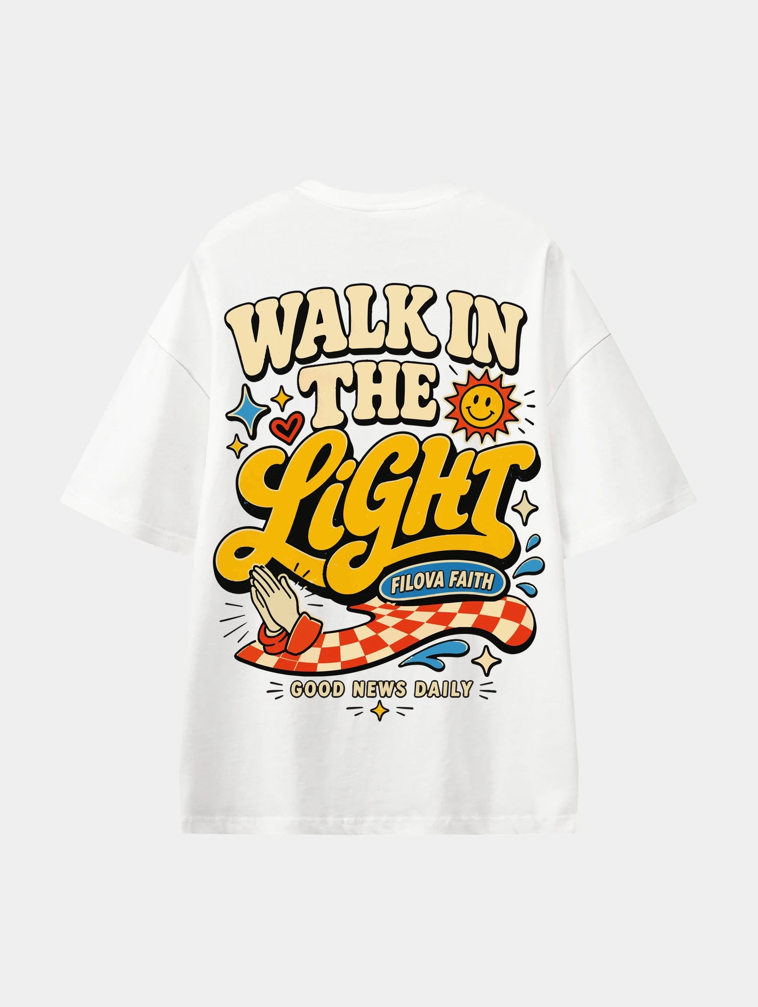 Walk In the Light White graphic T-shirt, back view