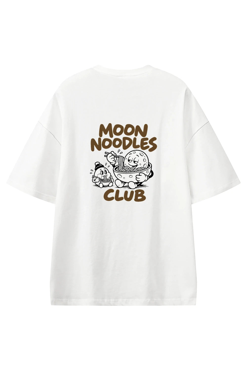 Moon Noodle Club White graphic T-shirt, back view