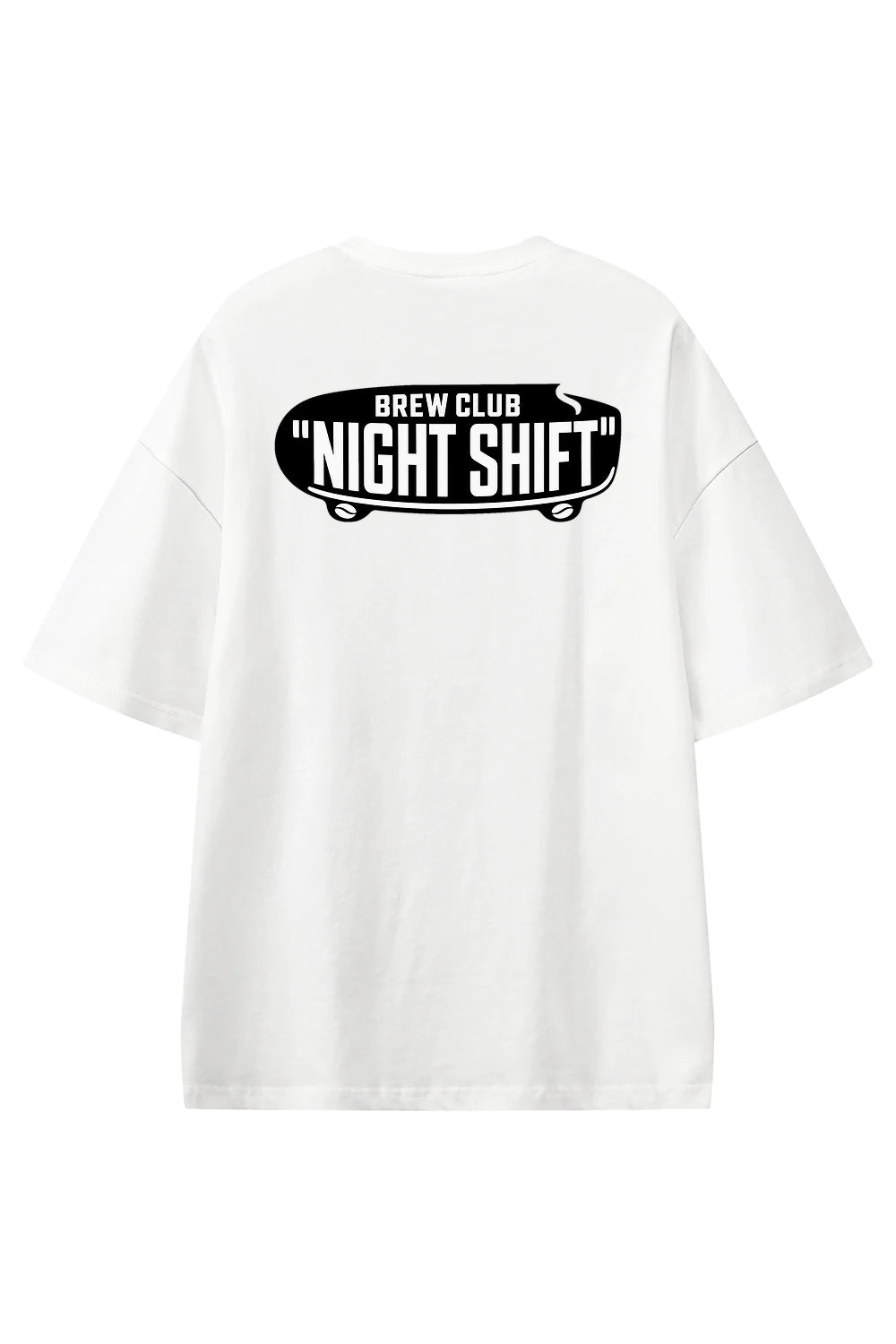 Night Shift Brew Club White graphic T-shirt, back view