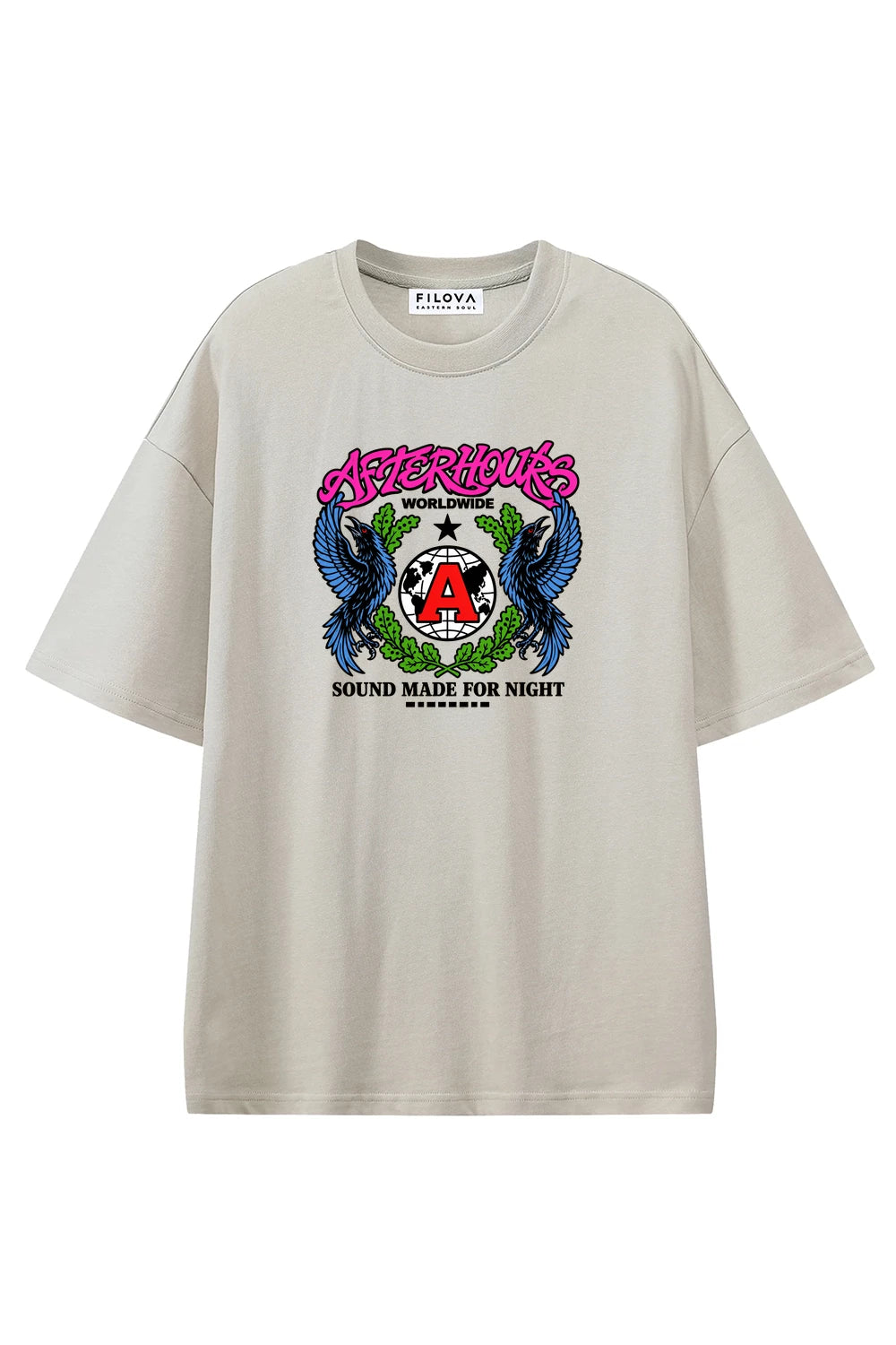 Afterhours Worldwide Apricot graphic T-shirt, front view