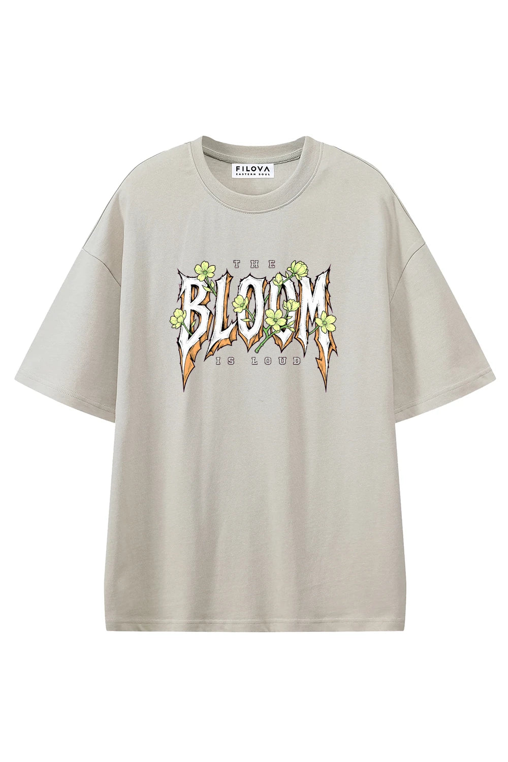 Bloom Is Loud Apricot graphic T-shirt, front view