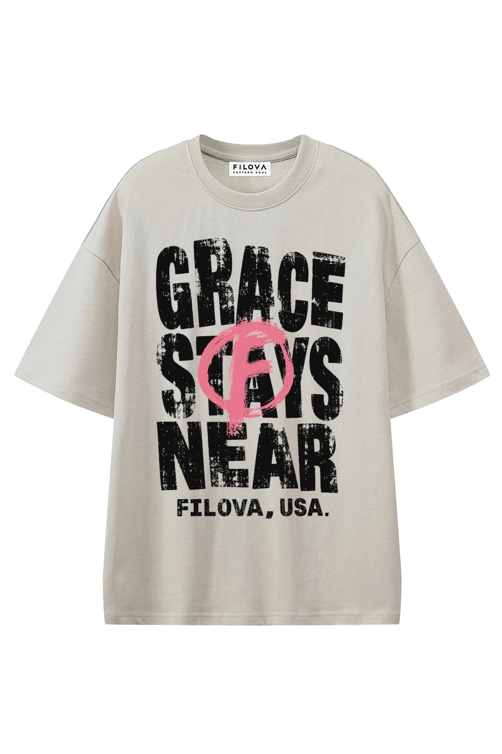 Grace Stays Near Apricot graphic T-shirt, front view