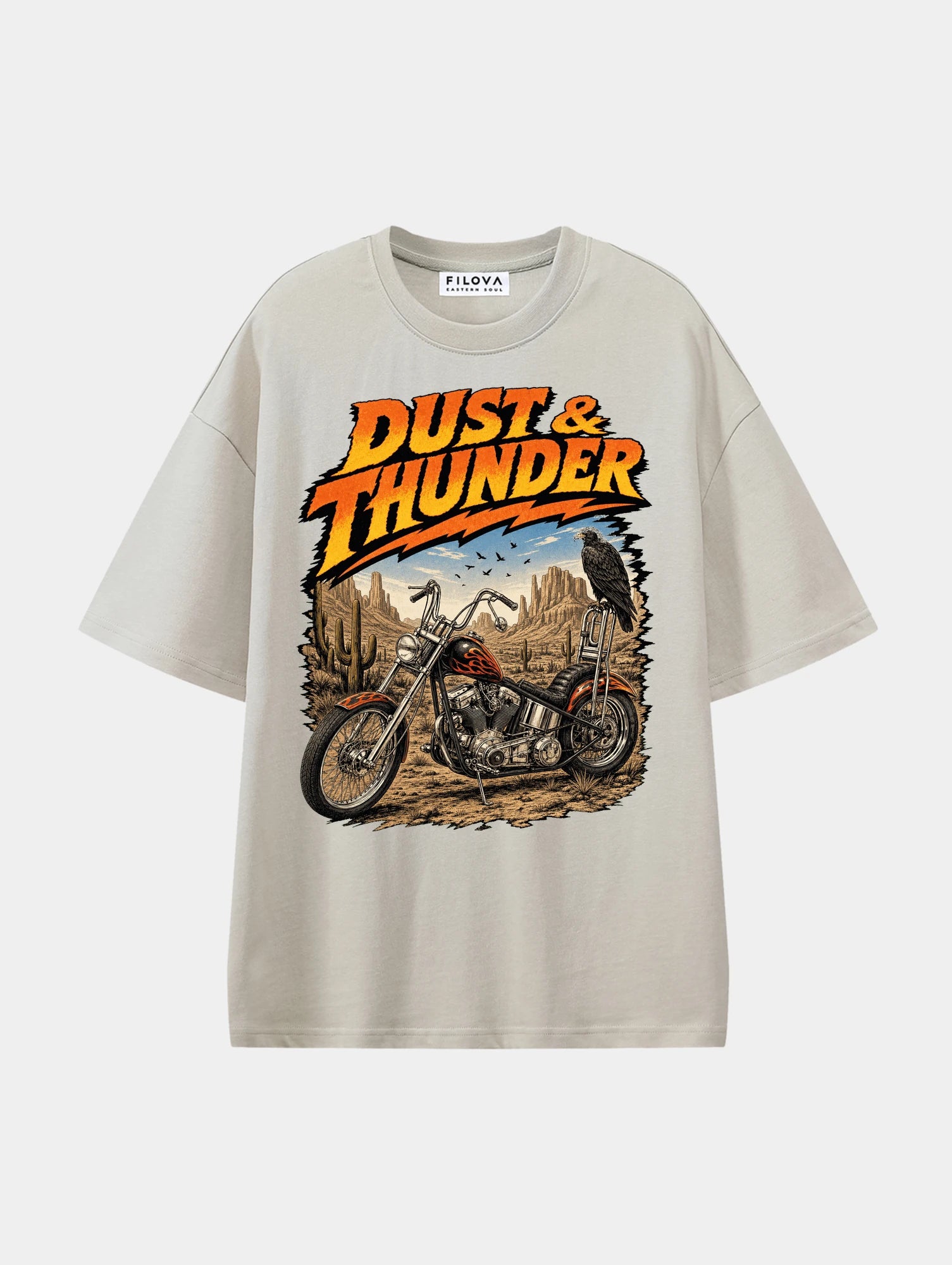 Dust And Thunder Apricot graphic T-shirt, front view