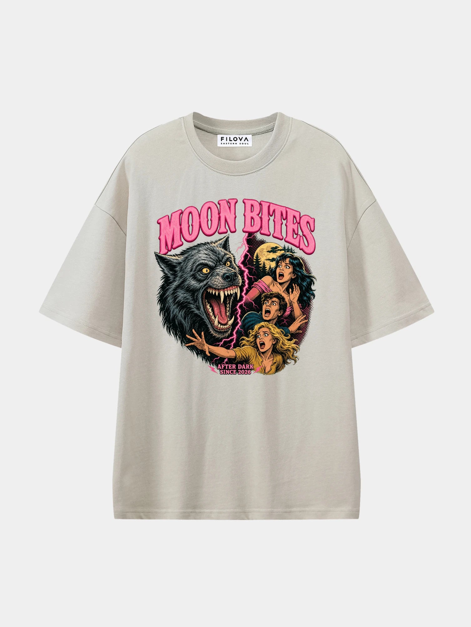 Moon Bites Apricot graphic T-shirt, front view