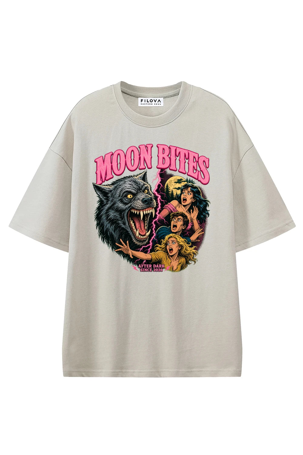 Moon Bites Apricot graphic T-shirt, front view