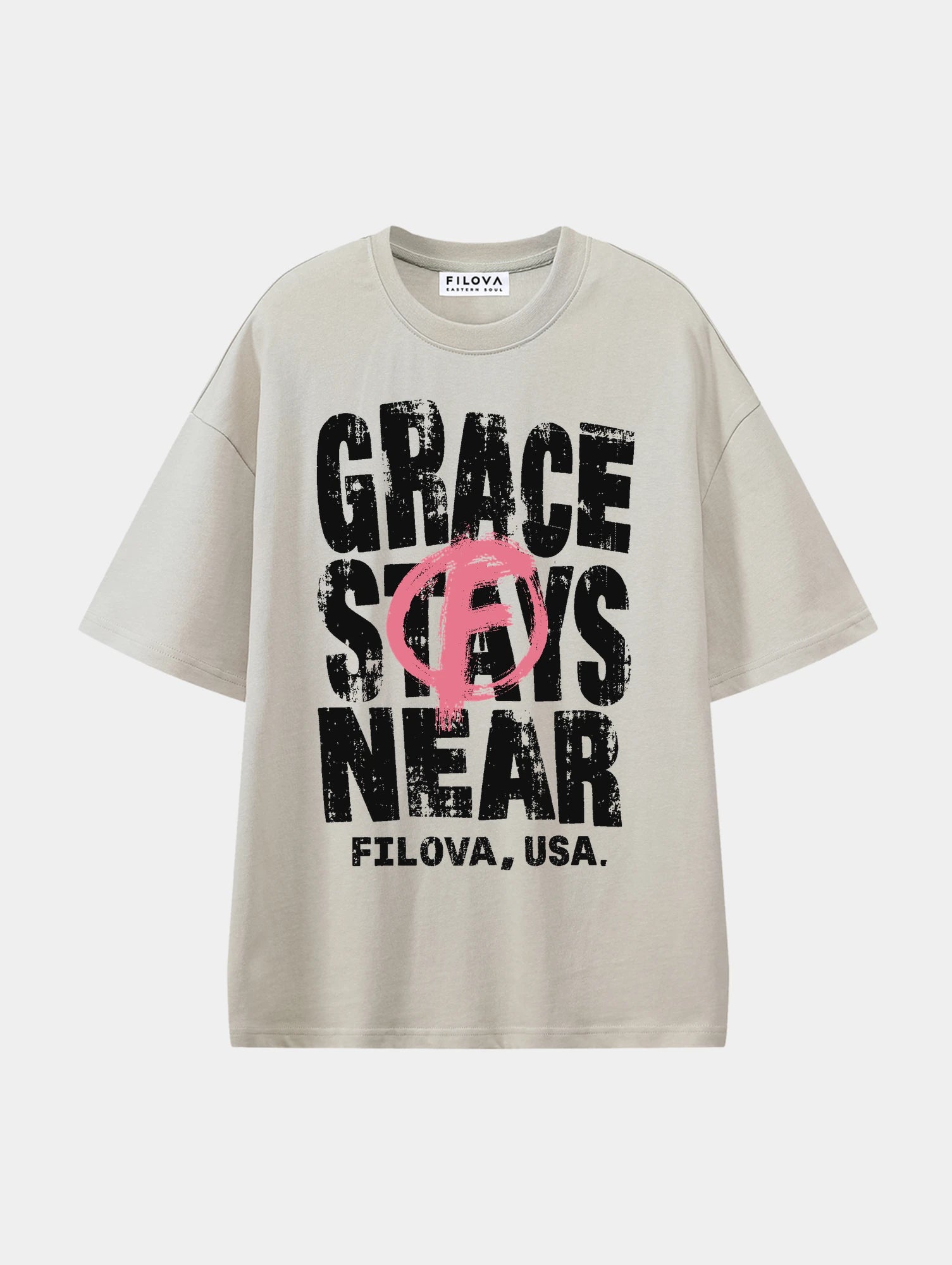 Grace Stays Near Apricot graphic T-shirt, front view
