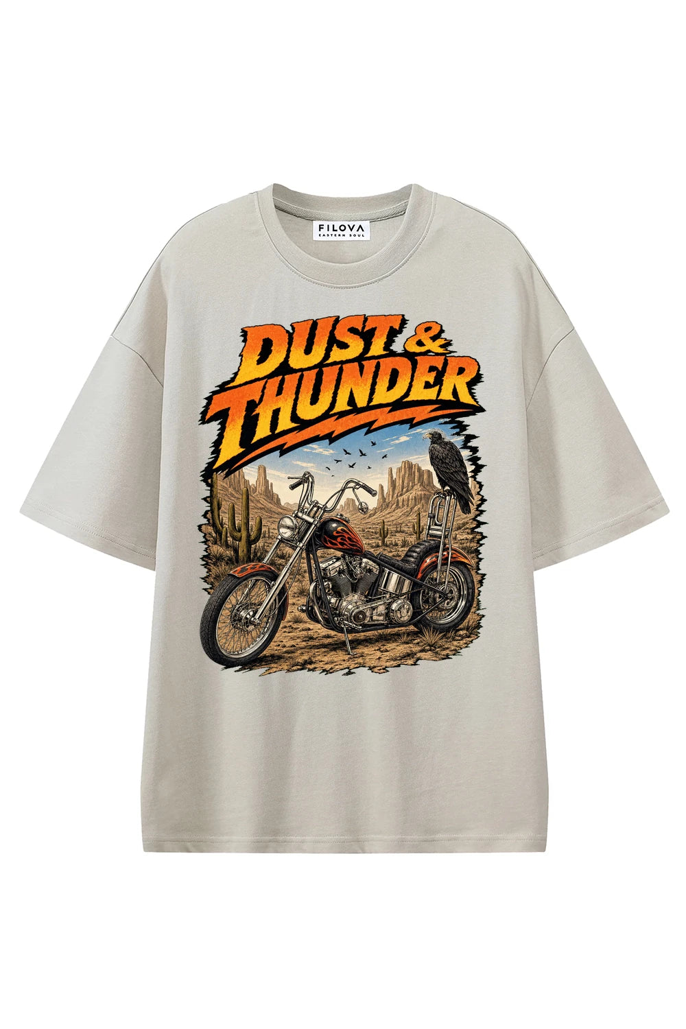 Dust And Thunder Apricot graphic T-shirt, front view