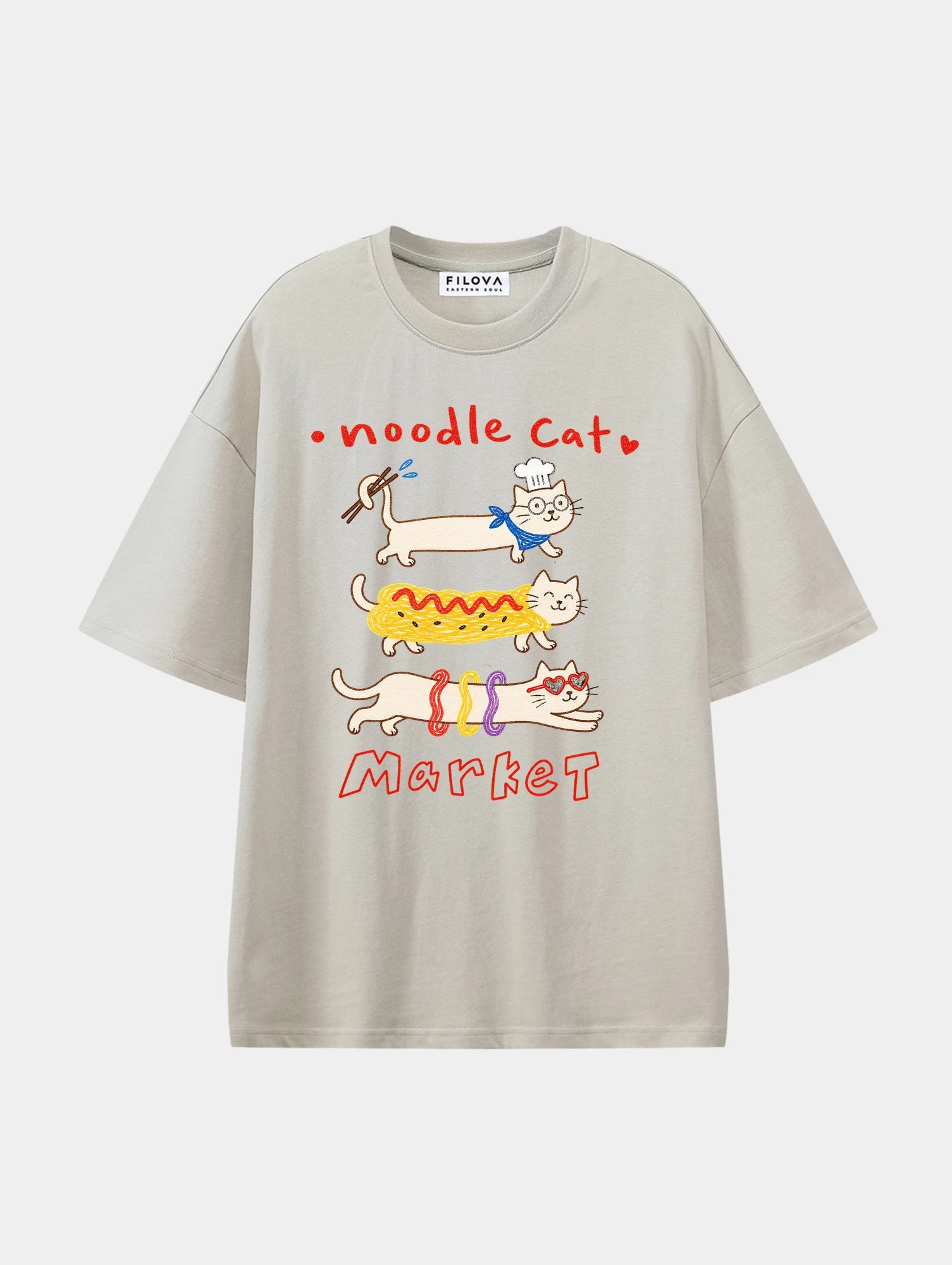 Noodle Cat Market Apricot graphic T-shirt, front view