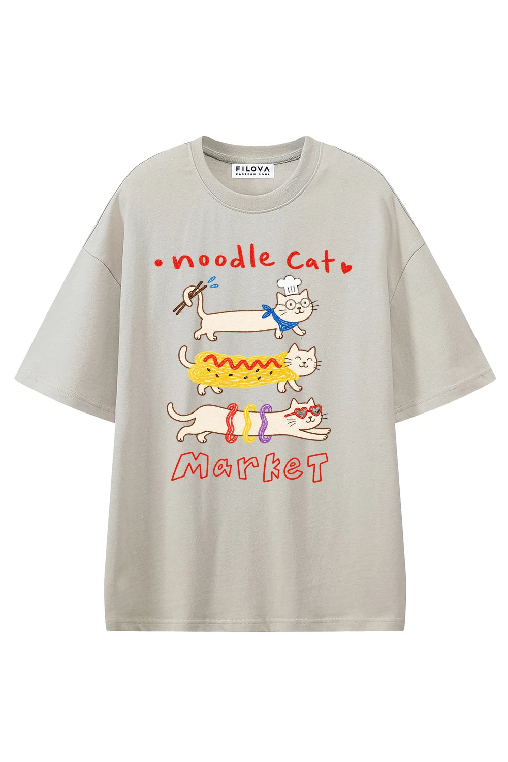 Noodle Cat Market Apricot graphic T-shirt, front view