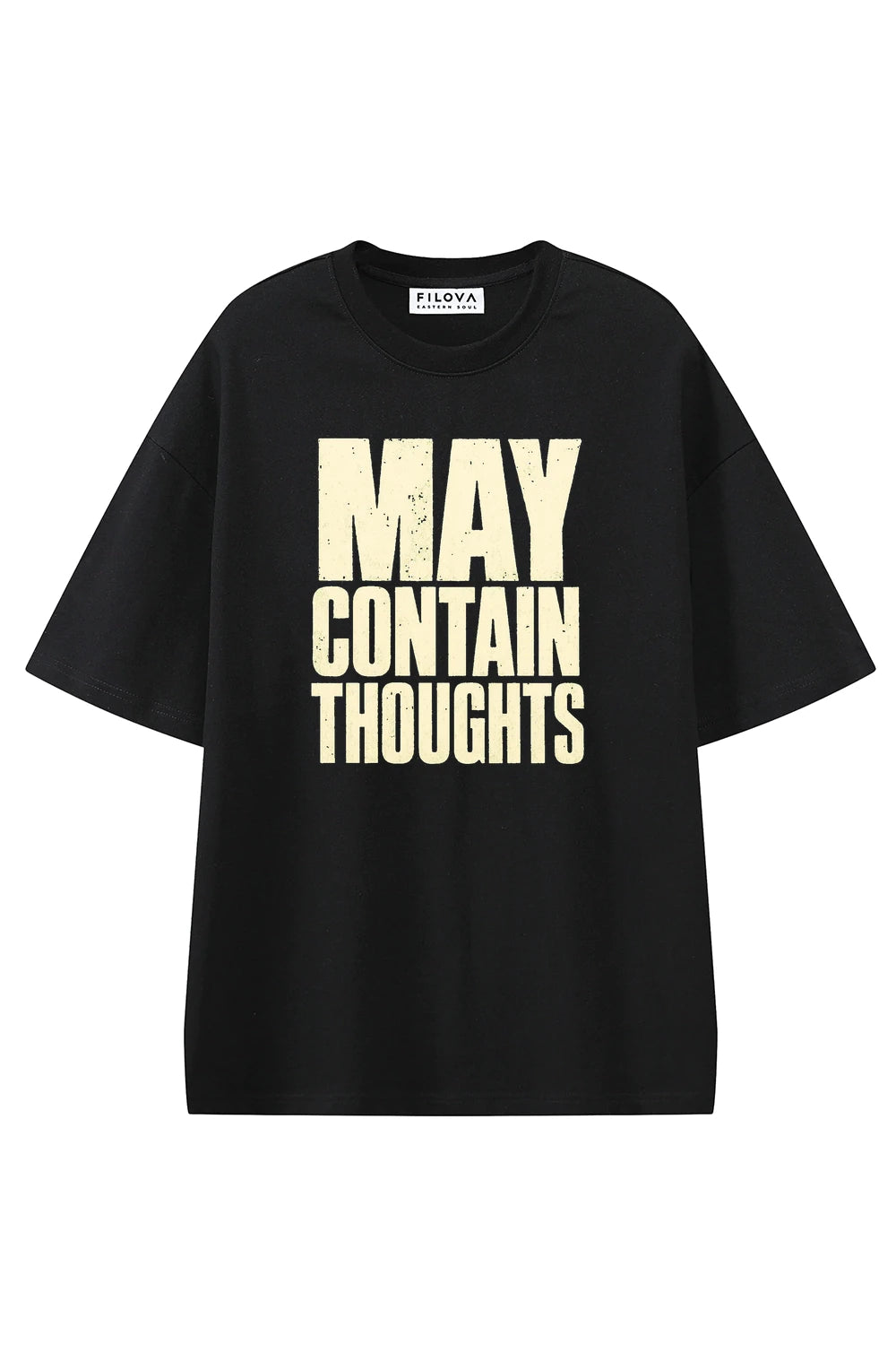 May Contain Thoughts Black graphic T-shirt, front view