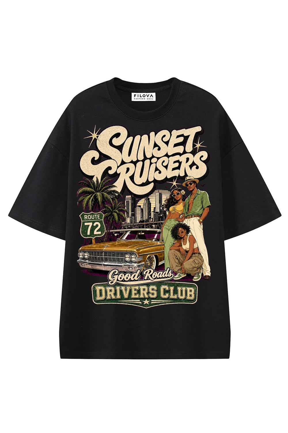 Sunset Cruisers Club Black graphic T-shirt, front view