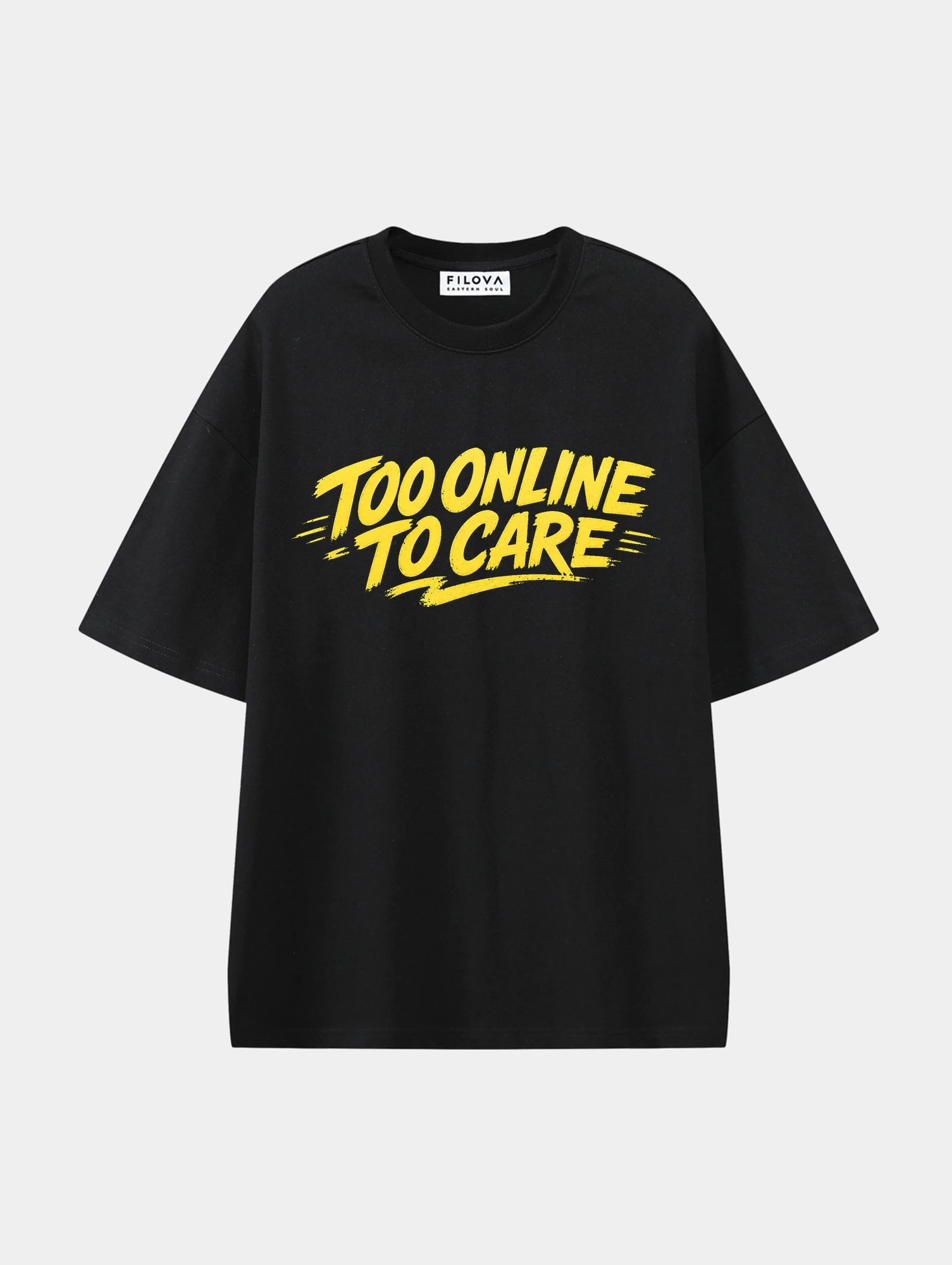 Too Online To Care Black graphic T-shirt, front view