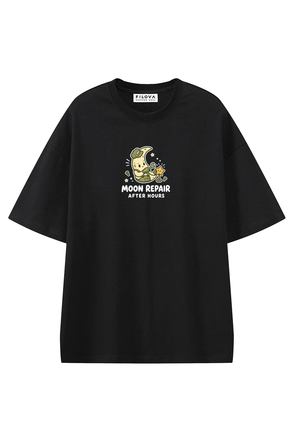 Moon Repair Black graphic T-shirt, front view