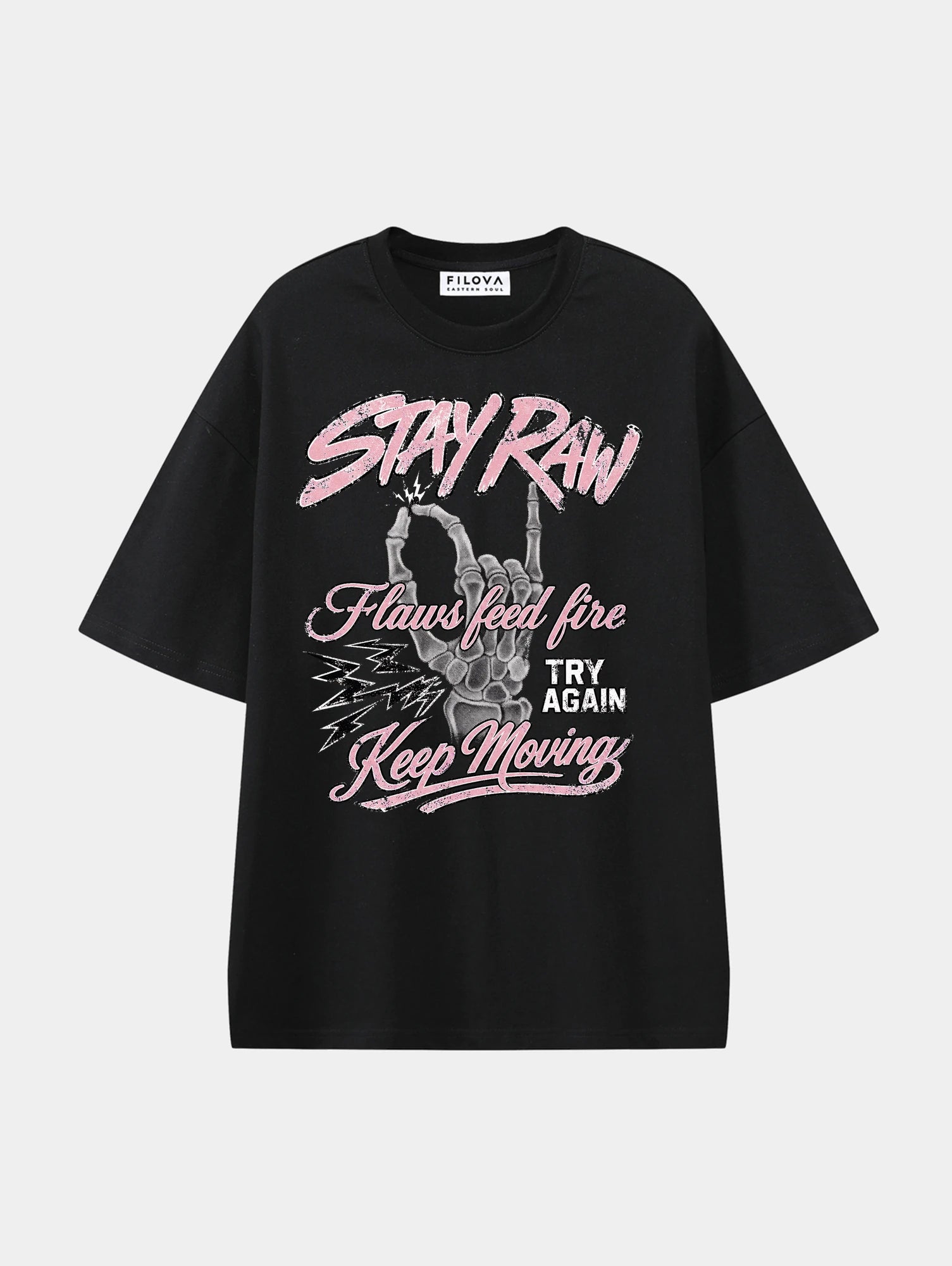 Stay Raw Black graphic T-shirt, front view