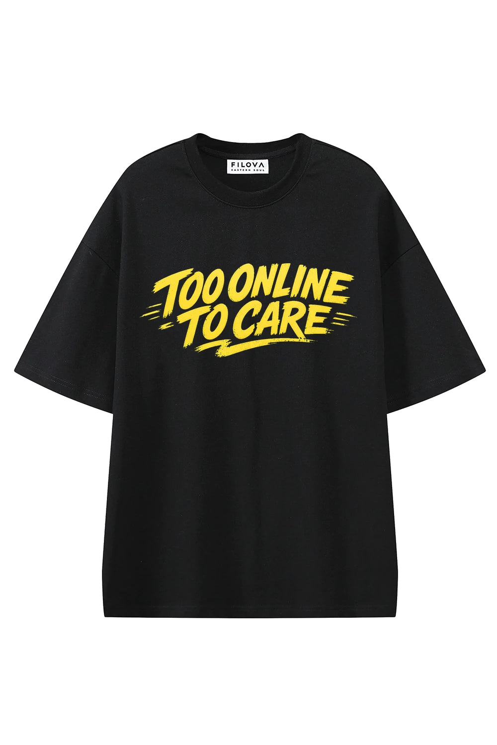 Too Online To Care Black graphic T-shirt, front view