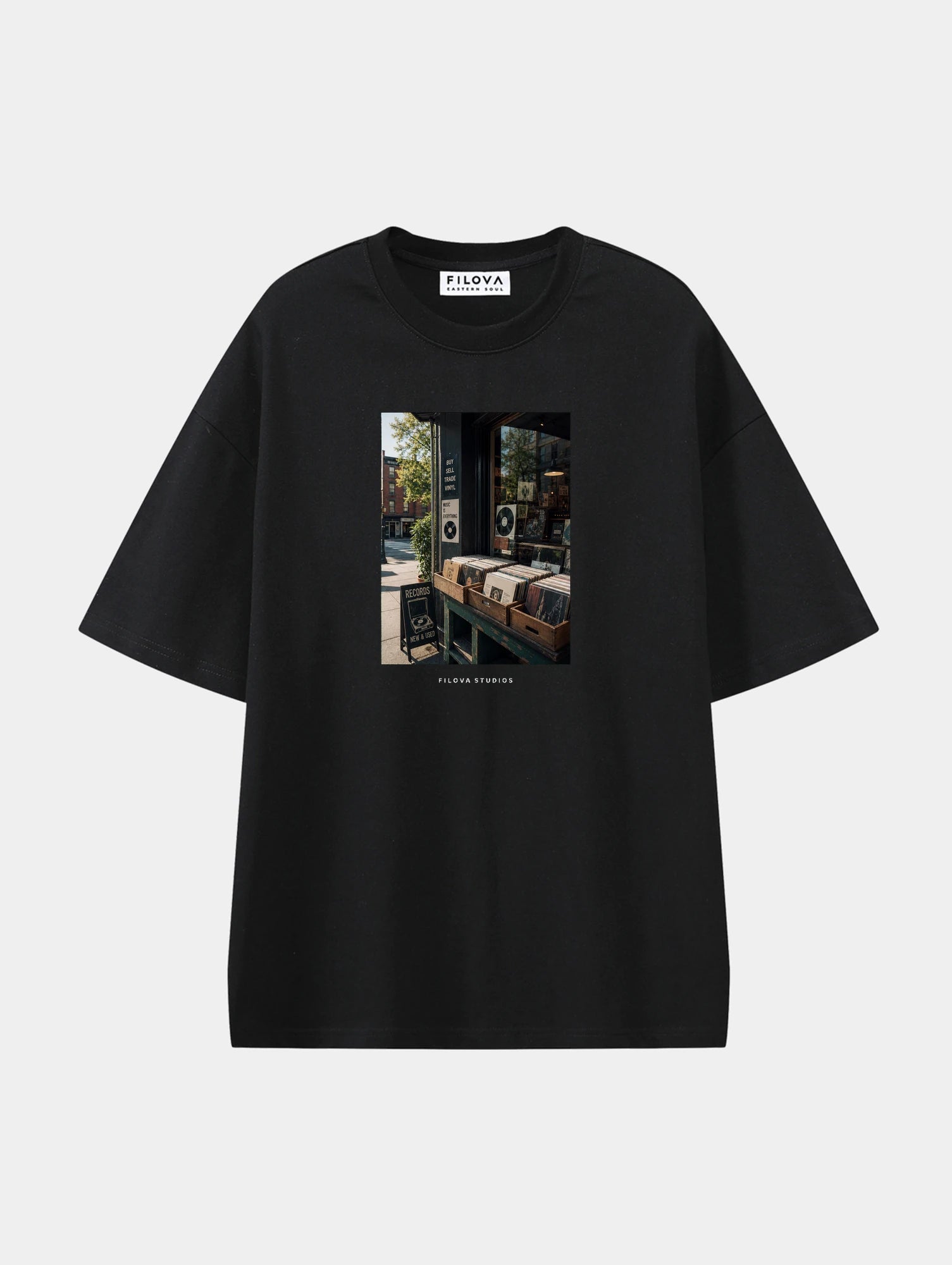 Filova Studios Record Shop Black graphic T-shirt, front view
