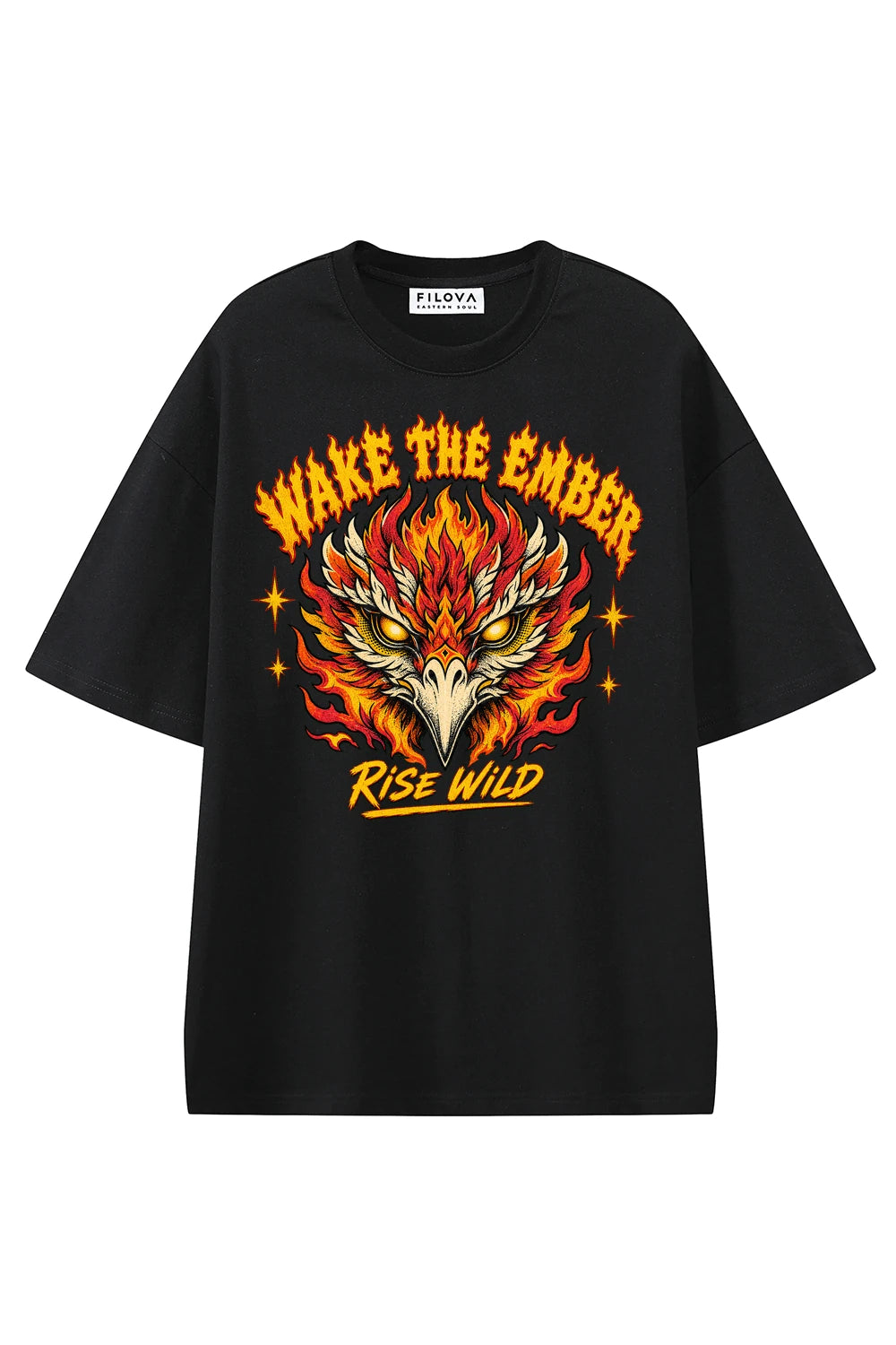 Wake The Ember Black graphic T-shirt, front view