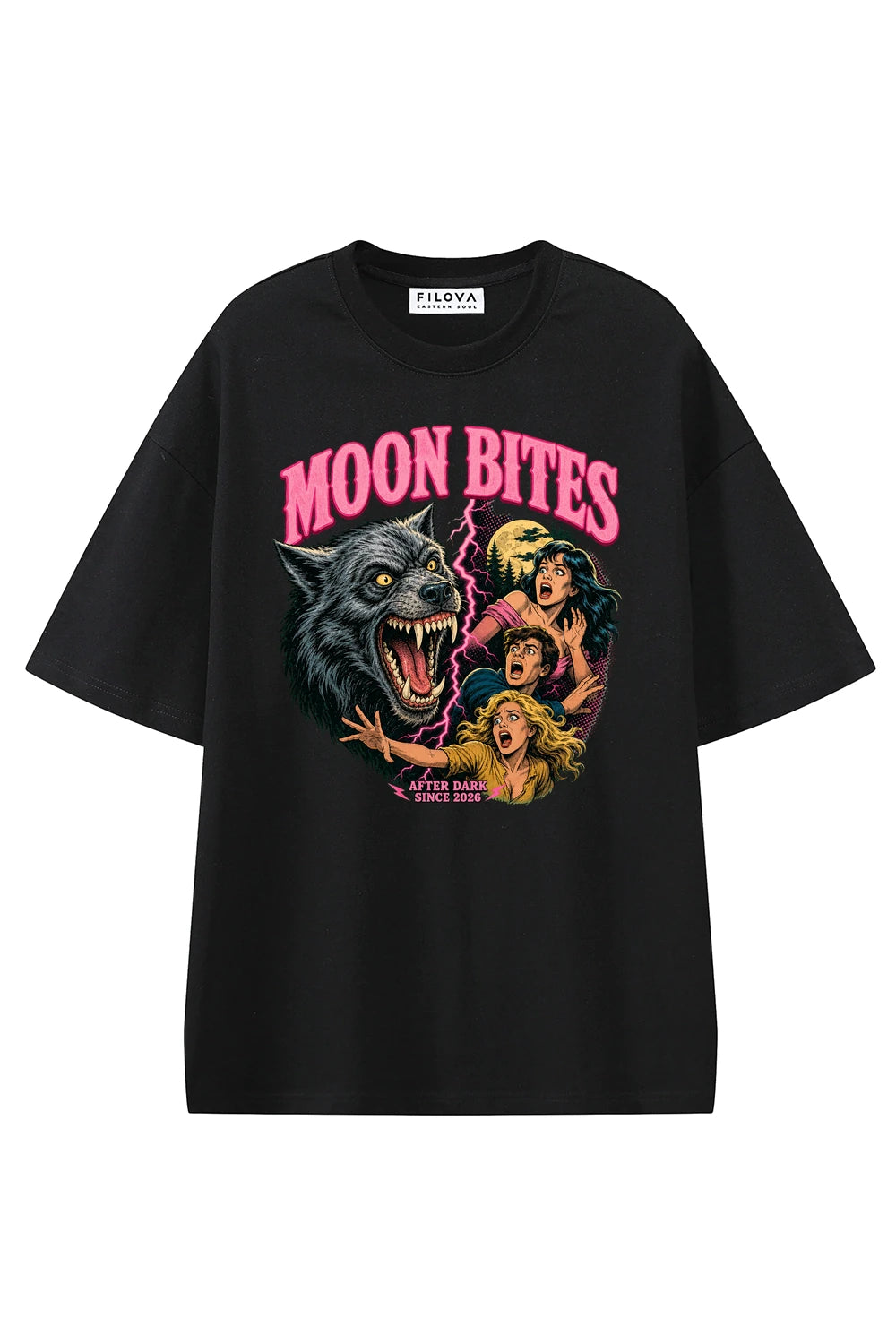 Moon Bites Black graphic T-shirt, front view
