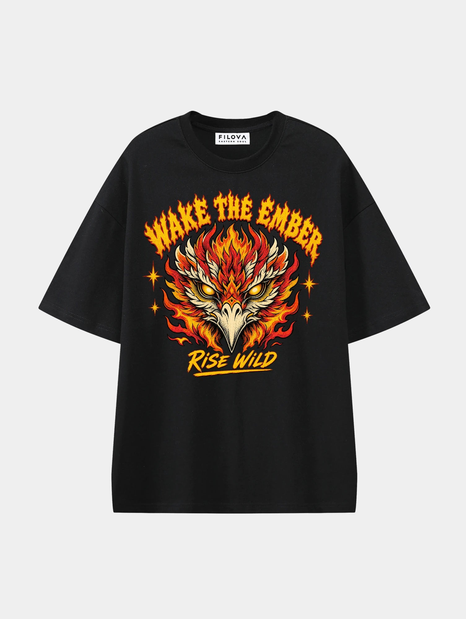 Wake The Ember Black graphic T-shirt, front view