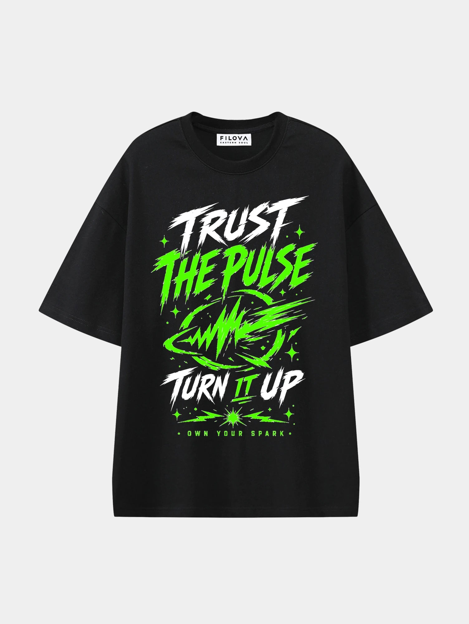 Trust The Pulse Black graphic T-shirt, front view