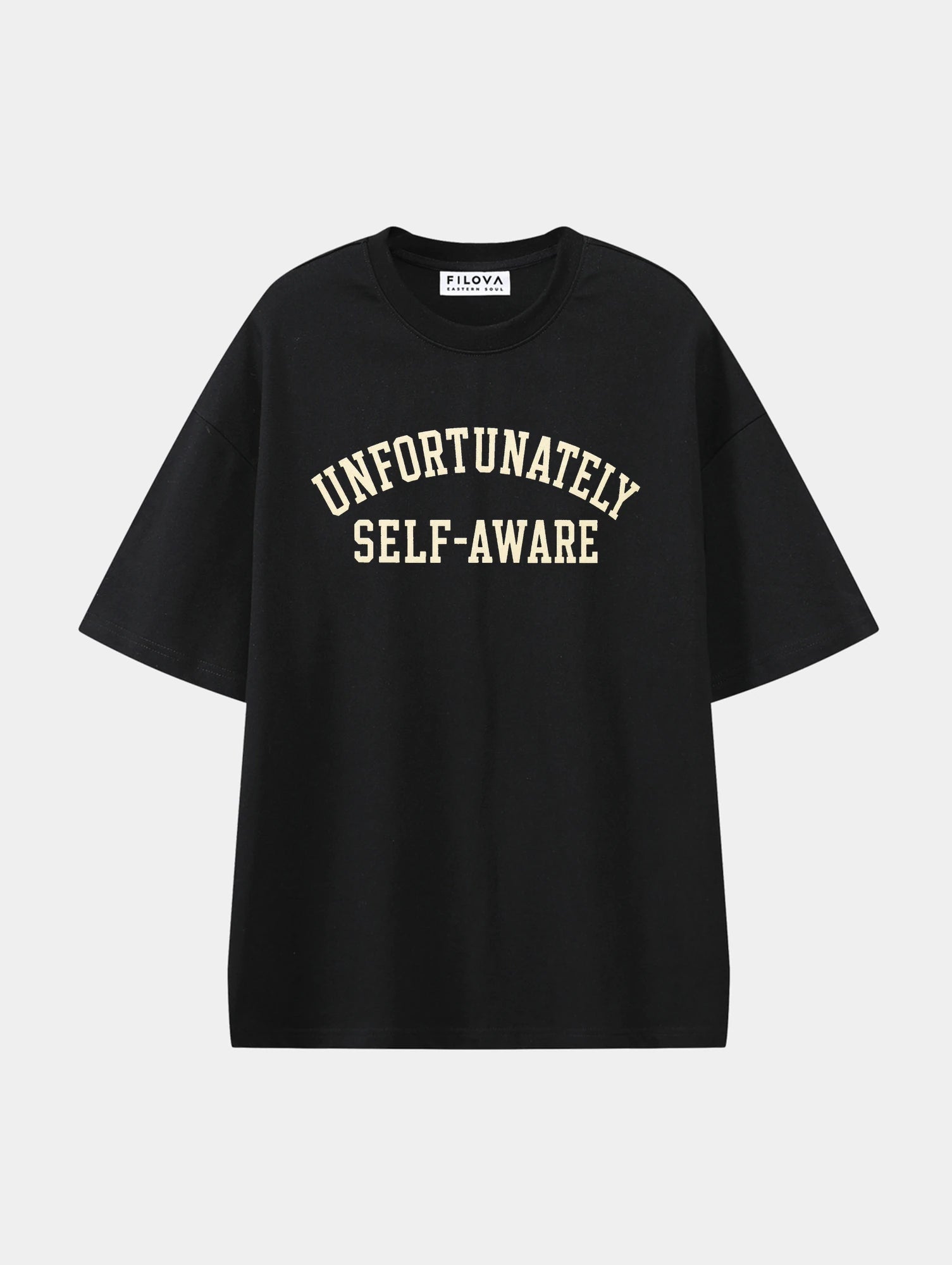 Unfortunately Self Aware Black graphic T-shirt, front view