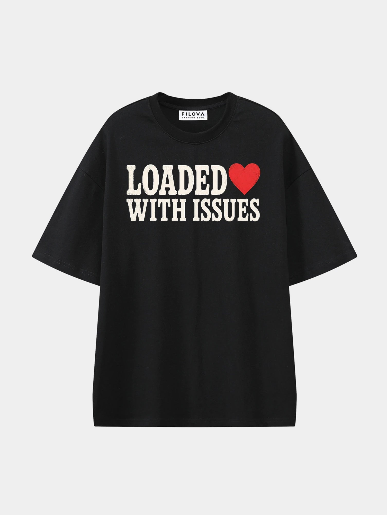 Loaded With Issues Black graphic T-shirt, front view