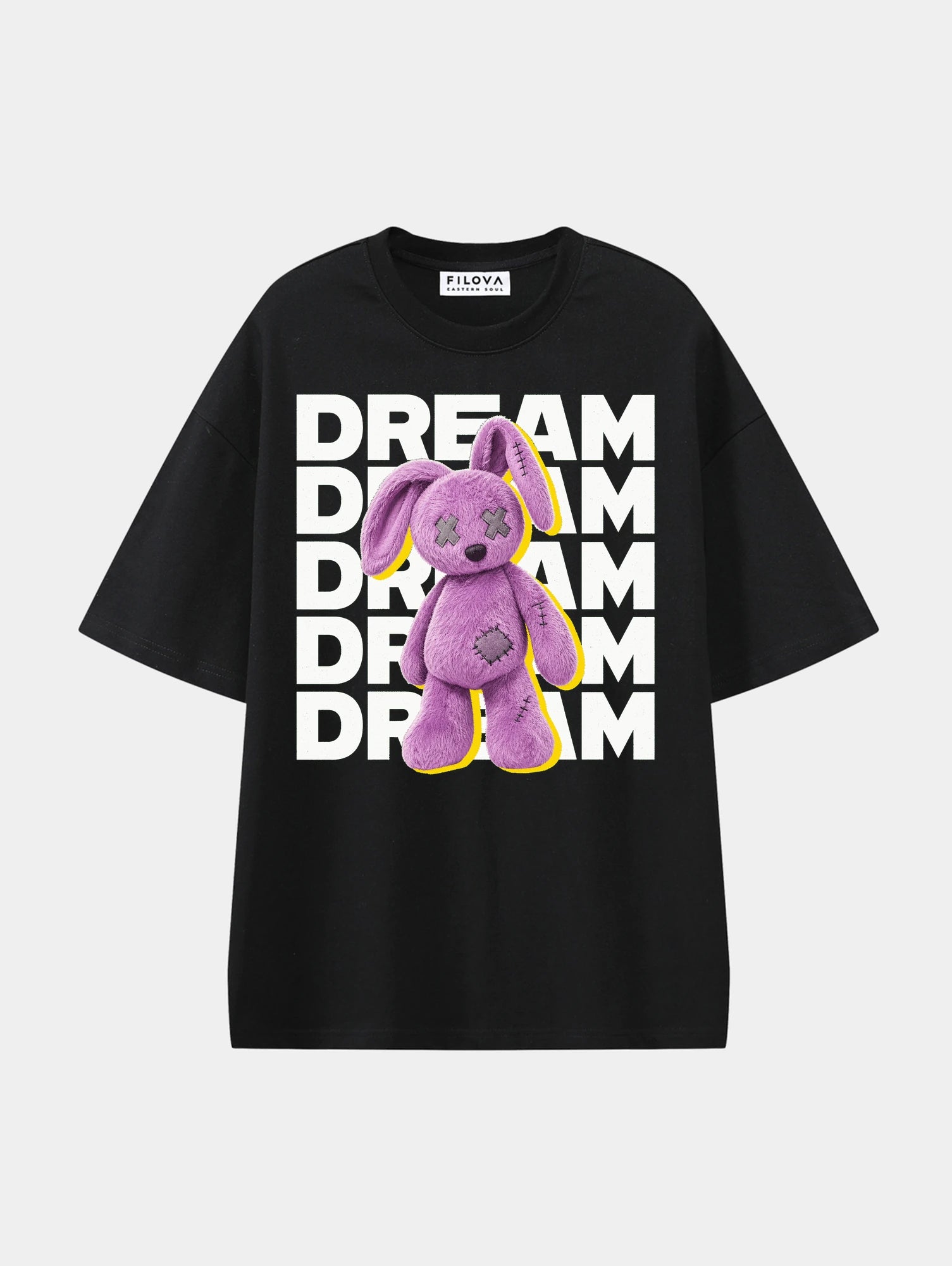 Dream Plush Rabbit Black graphic T-shirt, front view