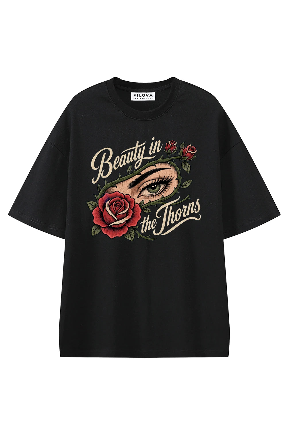 Beauty In The Thorns Black graphic T-shirt, front view