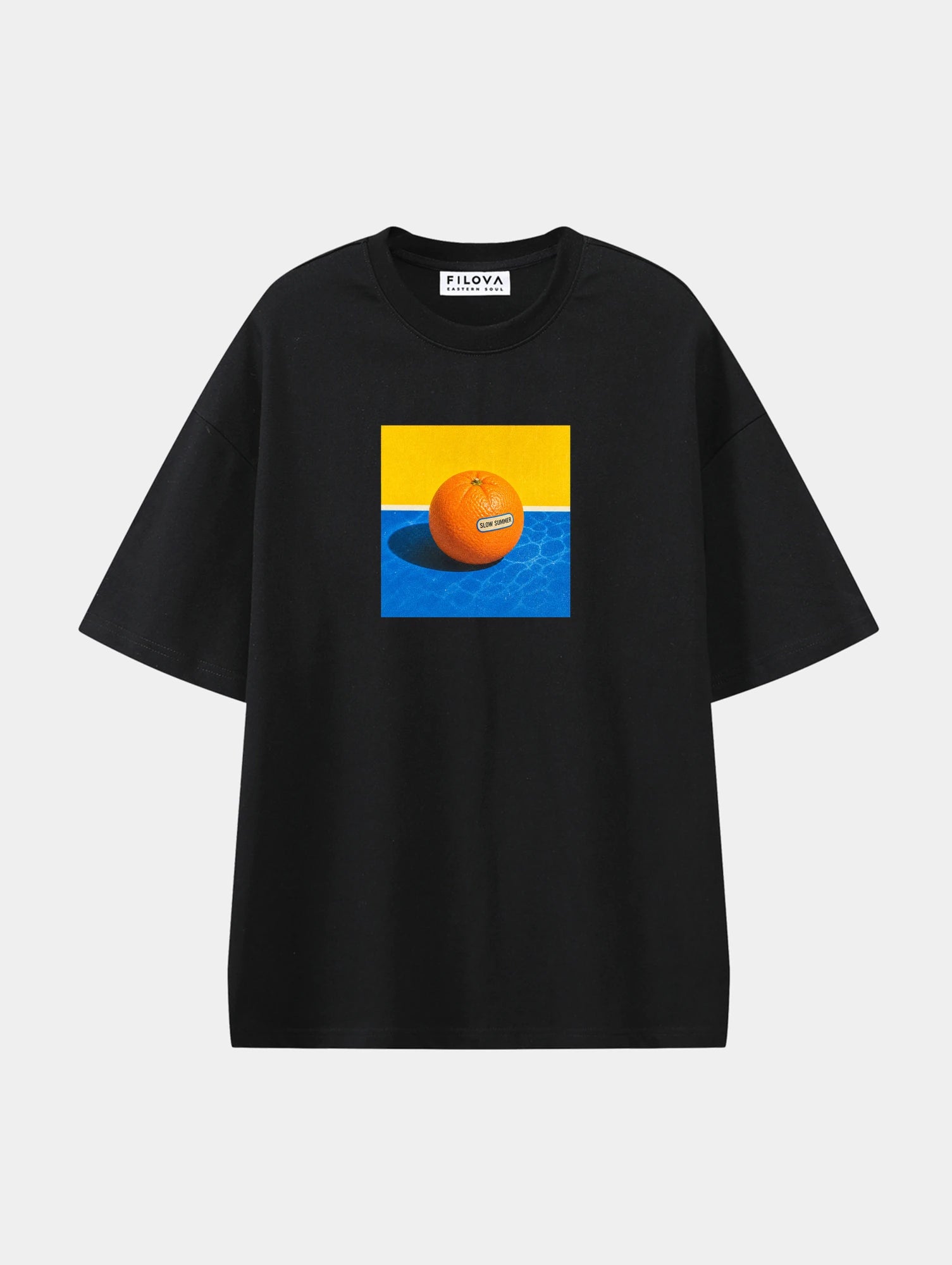 Poolside Orange Black graphic T-shirt, front view