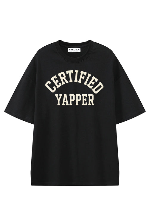 Certified Yapper Black graphic T-shirt, front view