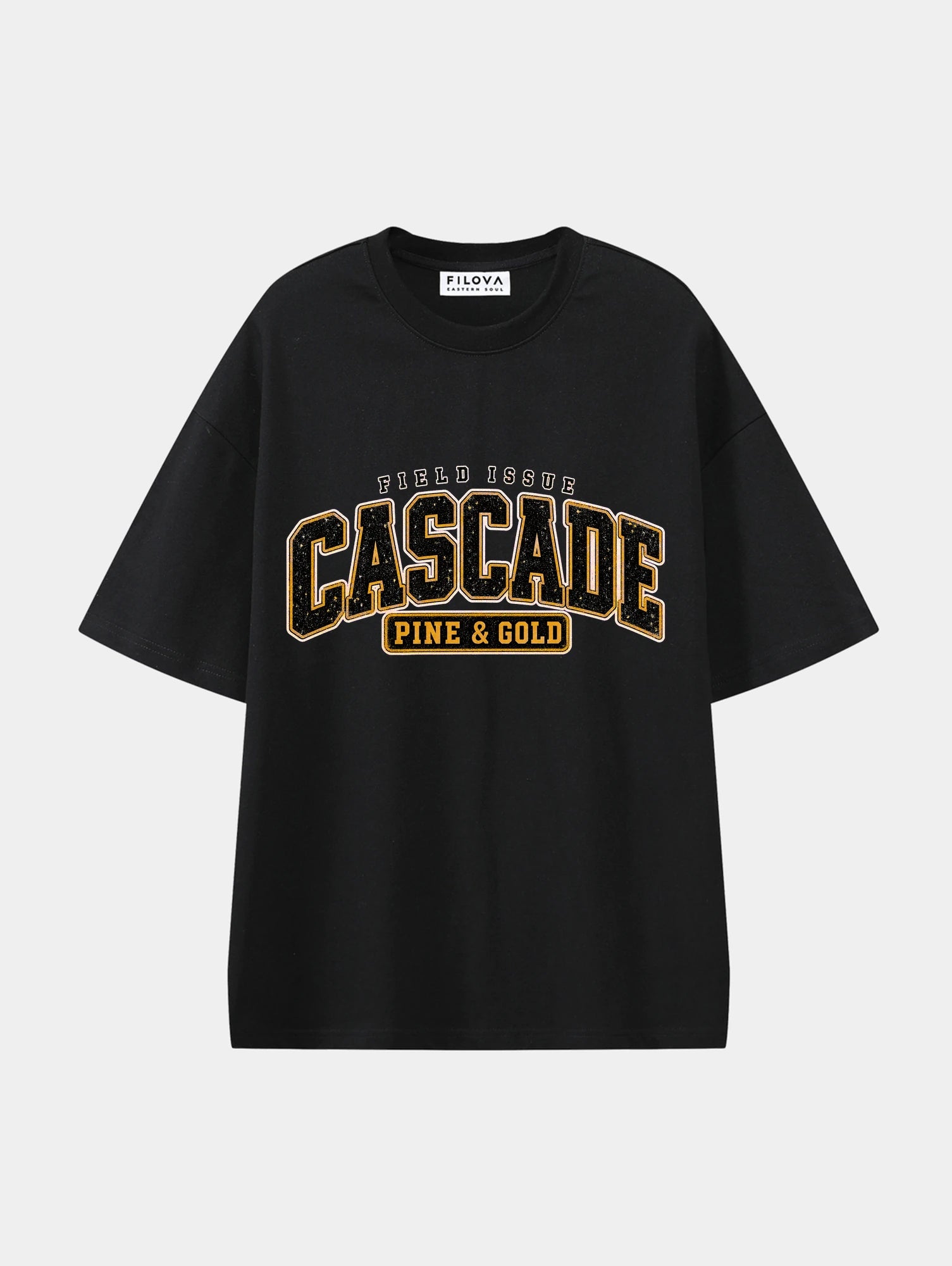 Cascade Pine Gold Black graphic T-shirt, front view