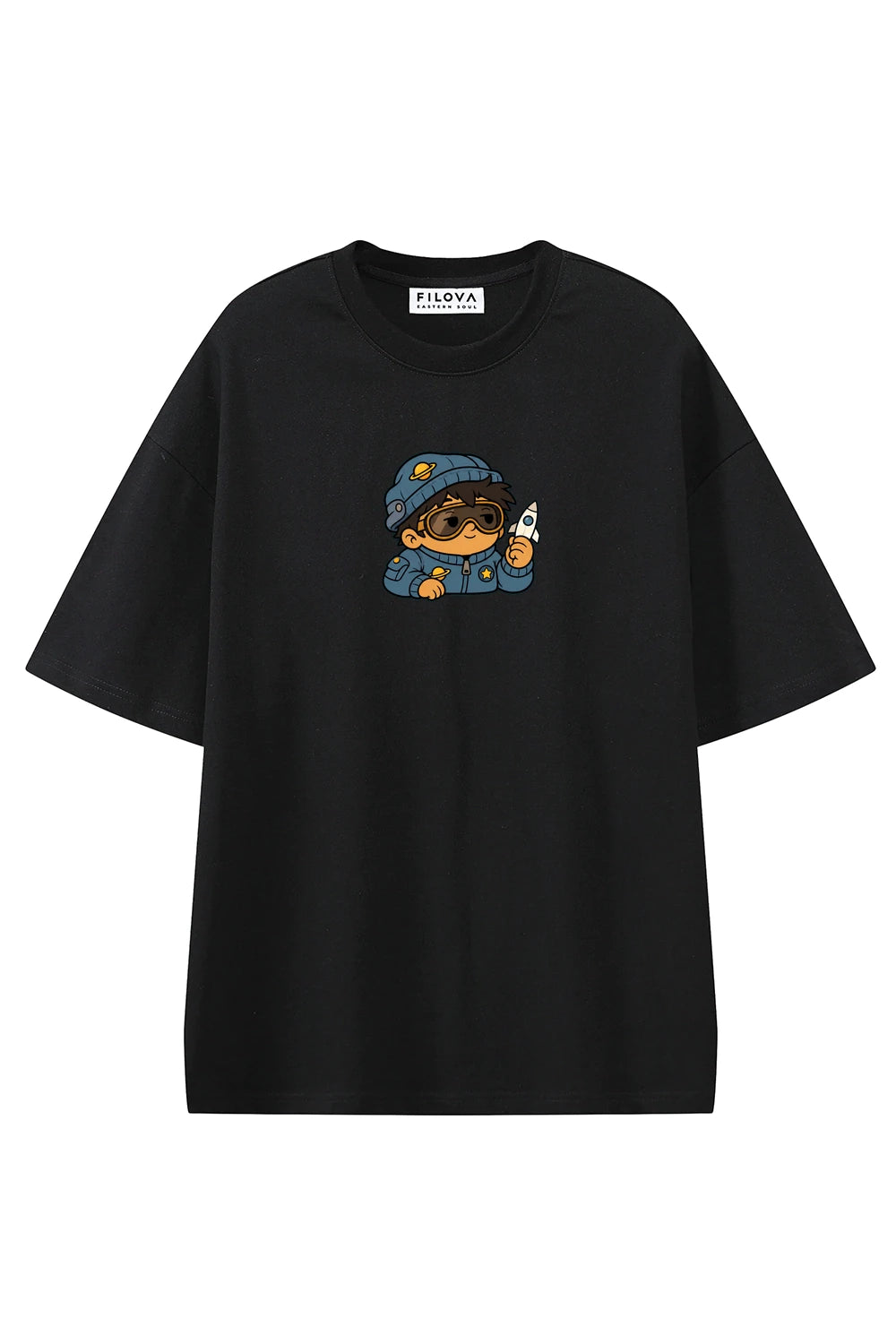 Pocket Orbit Black graphic T-shirt, front view