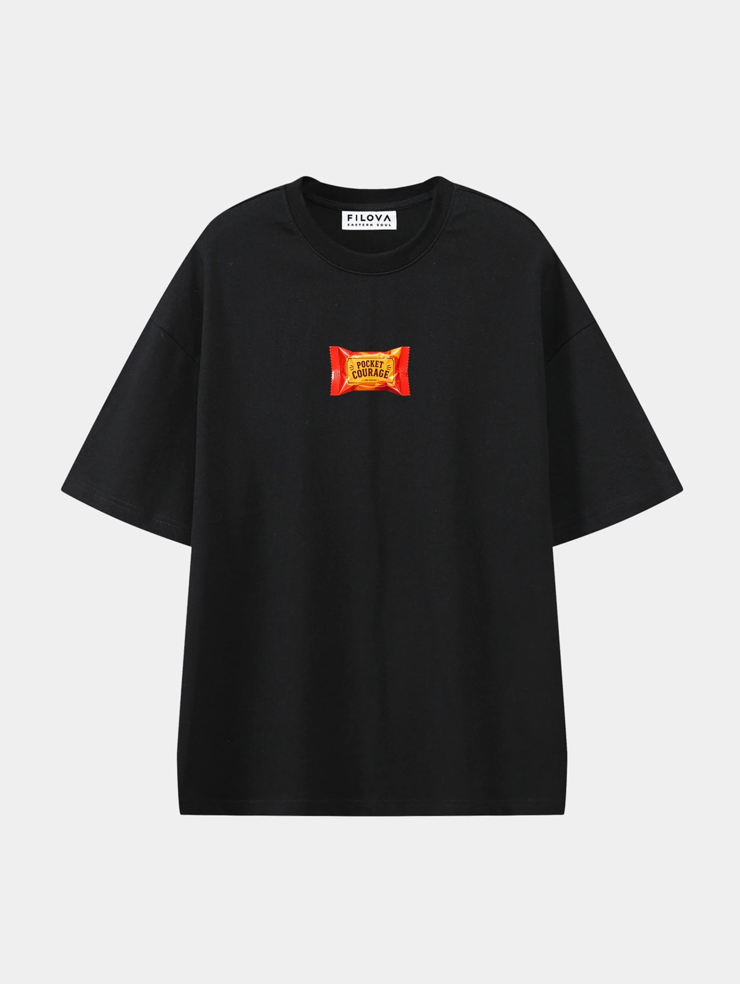 Pocket Courage Black graphic T-shirt, front view