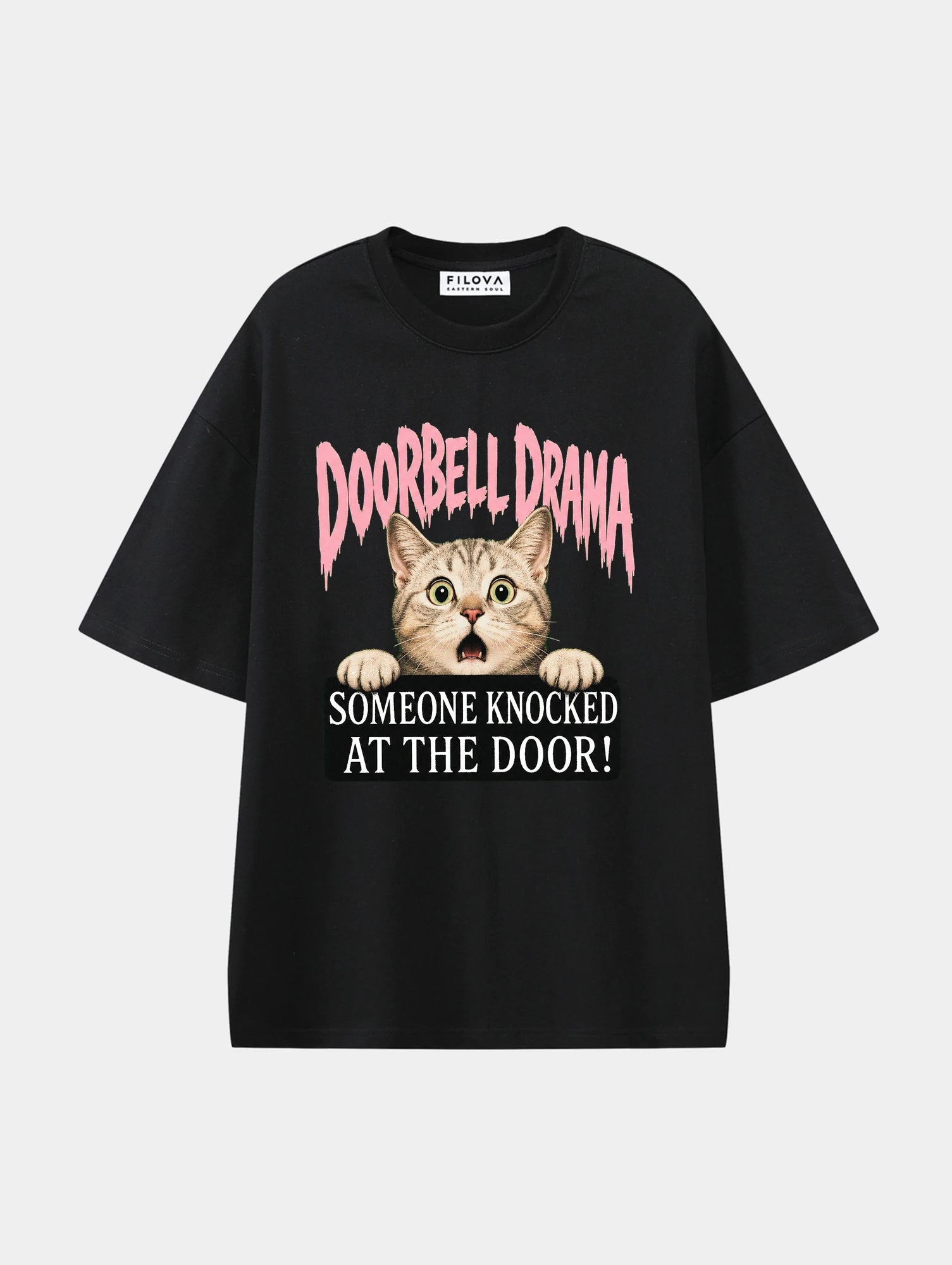 Doorbell Drama Black graphic T-shirt, front view