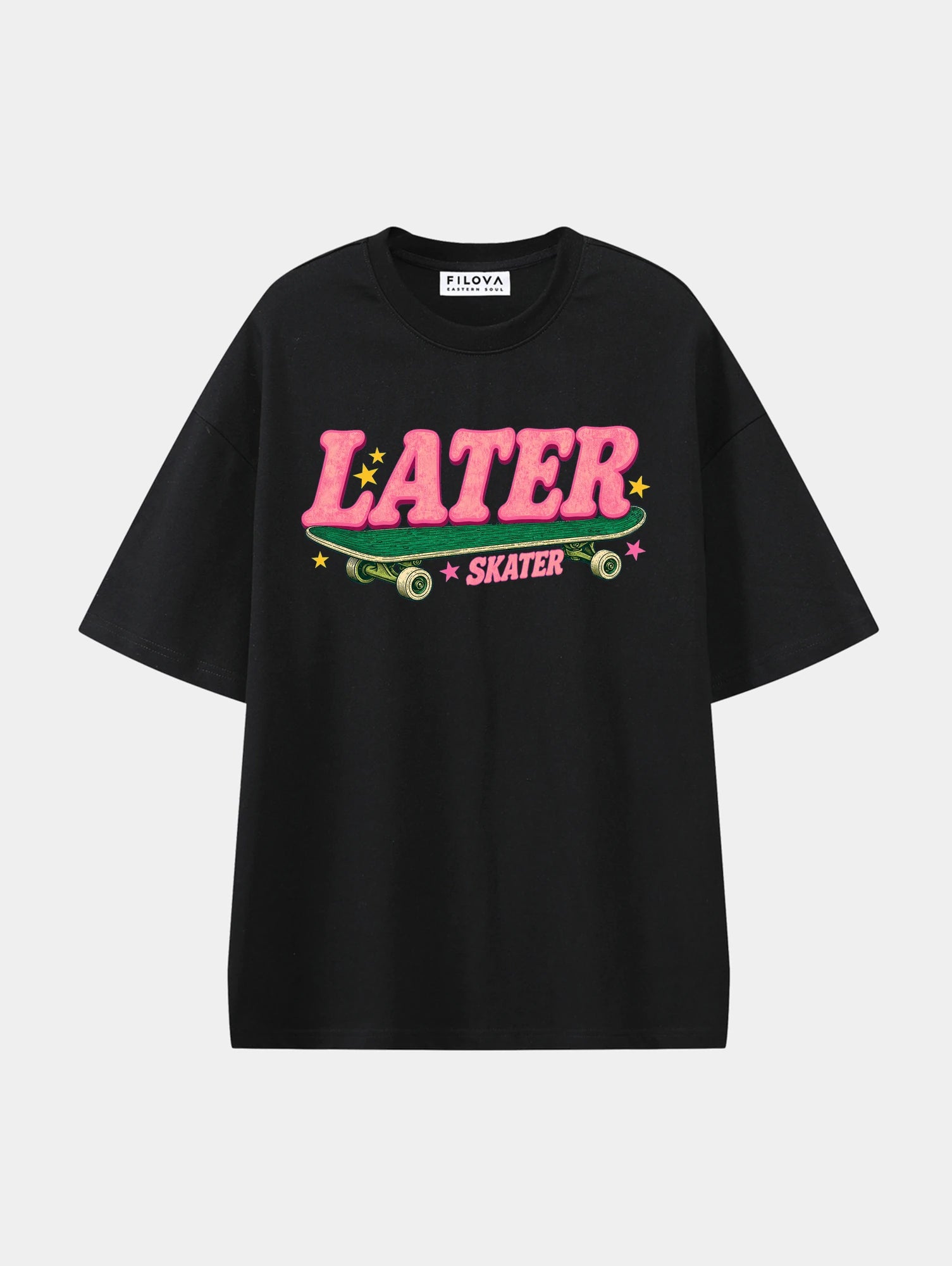 Later Skater Black graphic T-shirt, front view