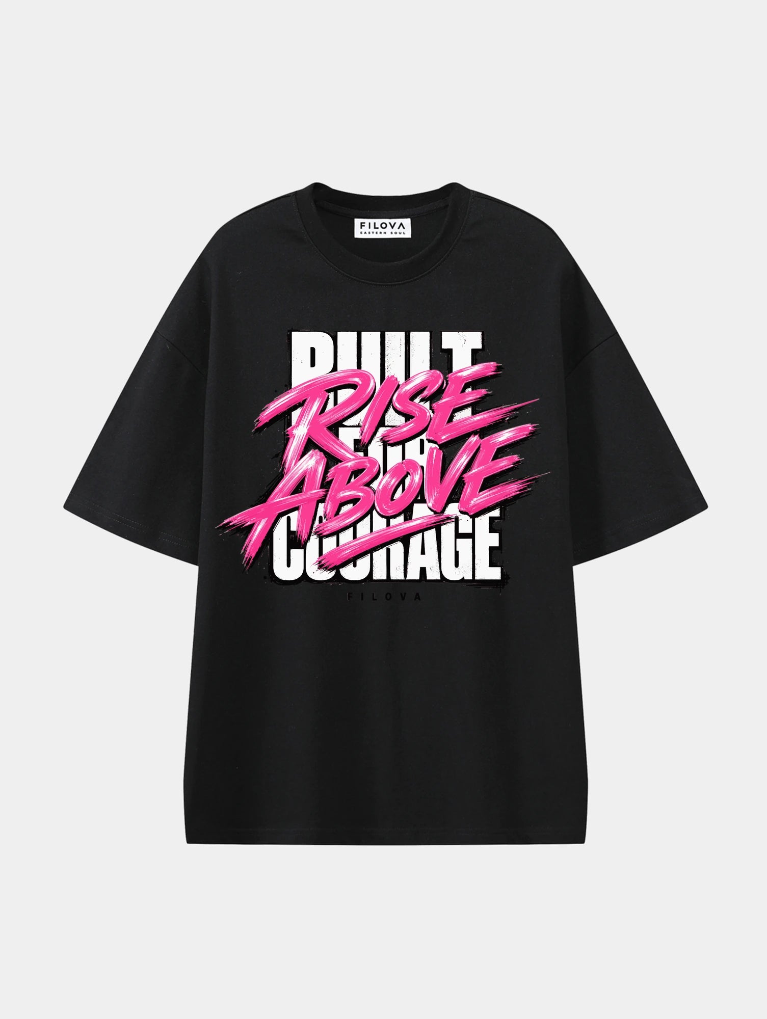 Rise Above Courage Black graphic T-shirt, front view
