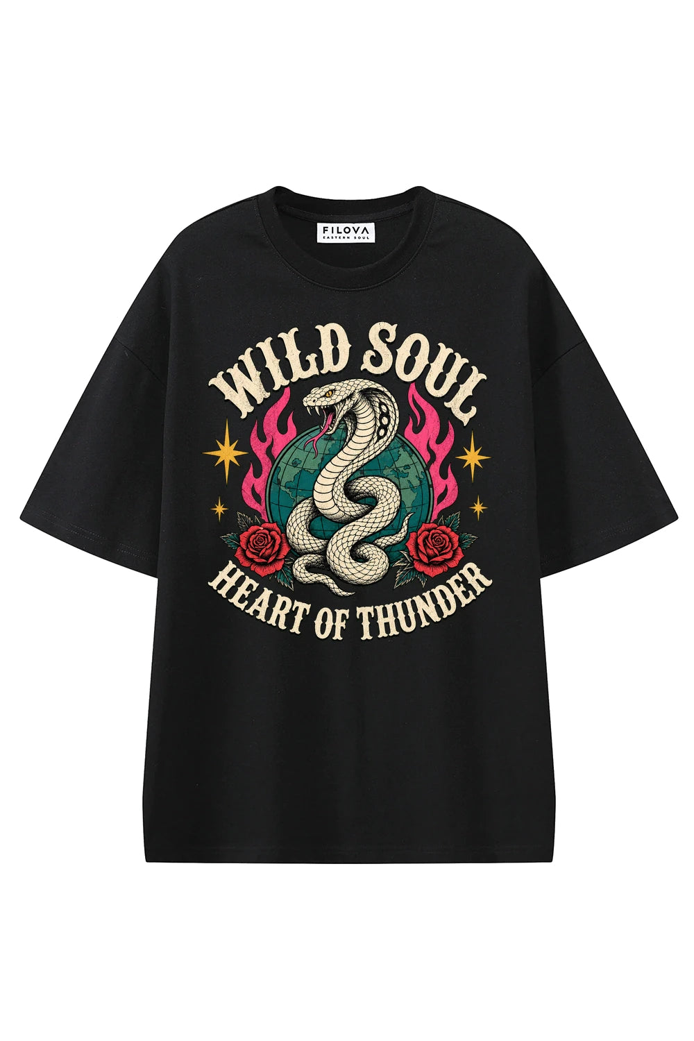 Wild Soul Thunder Black graphic T-shirt, front view